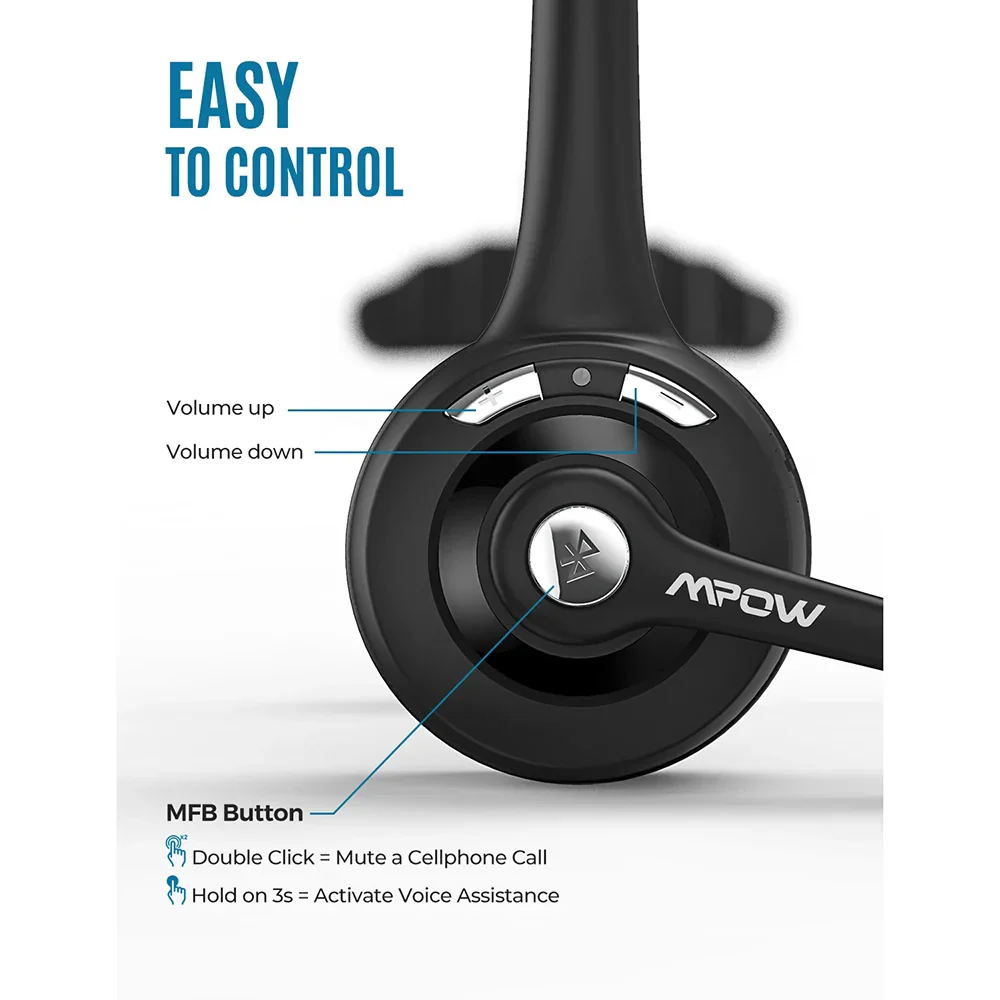 1/2 pack Mpow Pro Office Wireless Bluetooth V5.0 headphone With Microphone 13H Talking Time For Driver Call Center Skype Office - Image 6