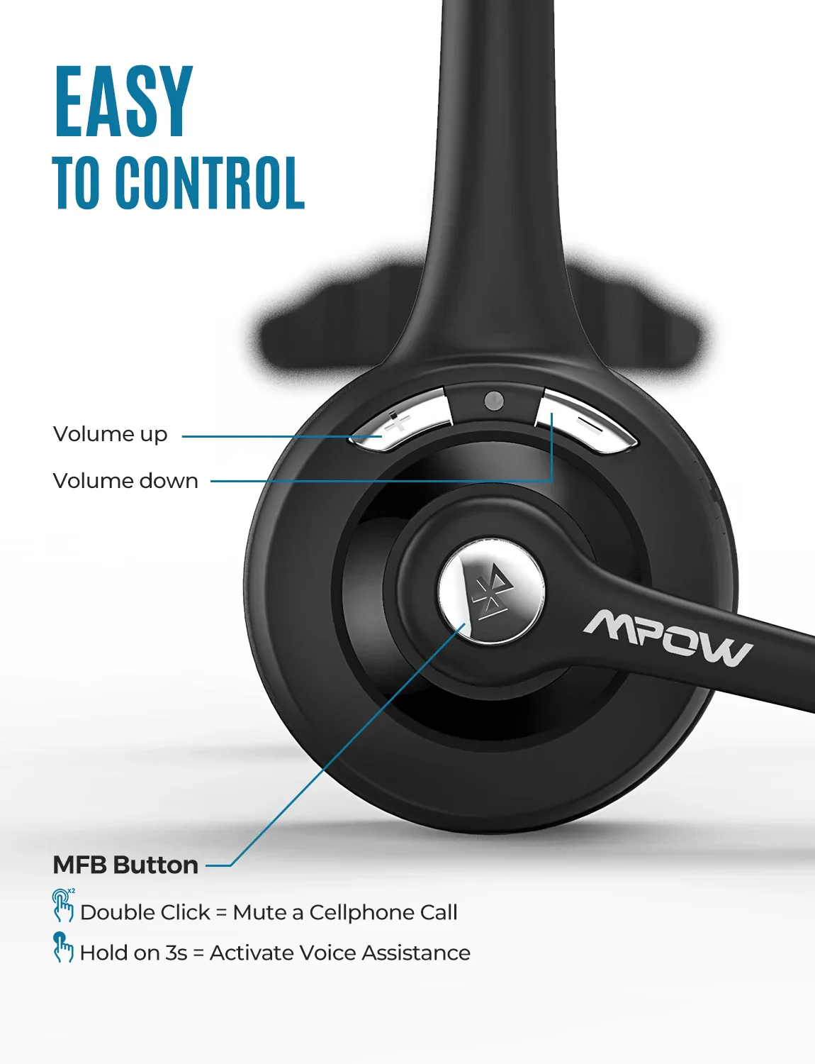 1/2 pack Mpow Pro Office Wireless Bluetooth V5.0 headphone With Microphone 13H Talking Time For Driver Call Center Skype Office - Image 11