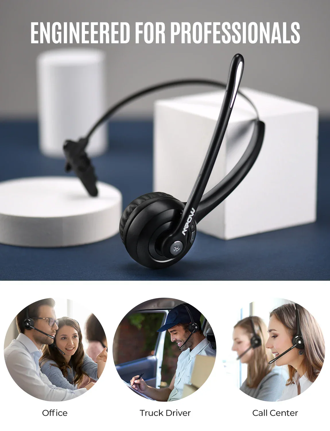1/2 pack Mpow Pro Office Wireless Bluetooth V5.0 headphone With Microphone 13H Talking Time For Driver Call Center Skype Office - Image 12