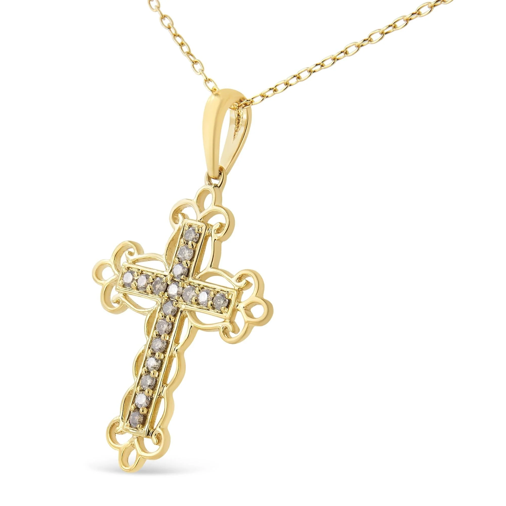 10K Yellow Flashed .925 Sterling Silver 1/4 Cttw Champagne Diamond Filigree Cross Pendant Necklace (K-L Color, I1-I2 Clarity) - 18" by Haus of Brilliance - Image 2