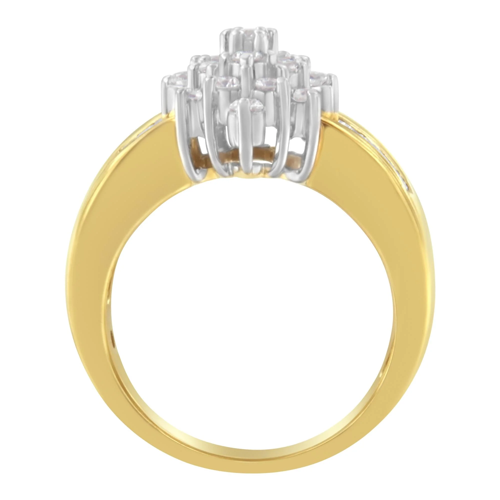 10K Yellow Gold 1.0 Cttw Round & Baguette Cut Diamond Floral Cluster Double-Channel Flared Band Statement Ring (H-I Color, SI2-I1 Clarity) by Haus of Brilliance - Image 2