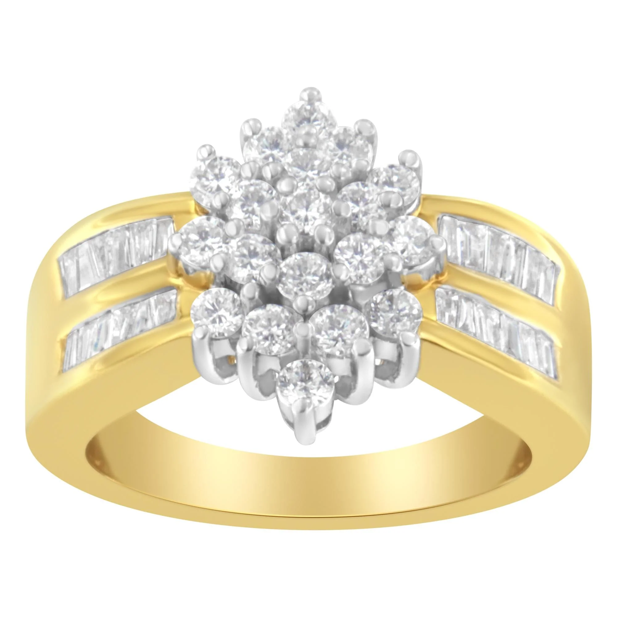 10K Yellow Gold 1.0 Cttw Round & Baguette Cut Diamond Floral Cluster Double-Channel Flared Band Statement Ring (H-I Color, SI2-I1 Clarity) by Haus of Brilliance - Image 3