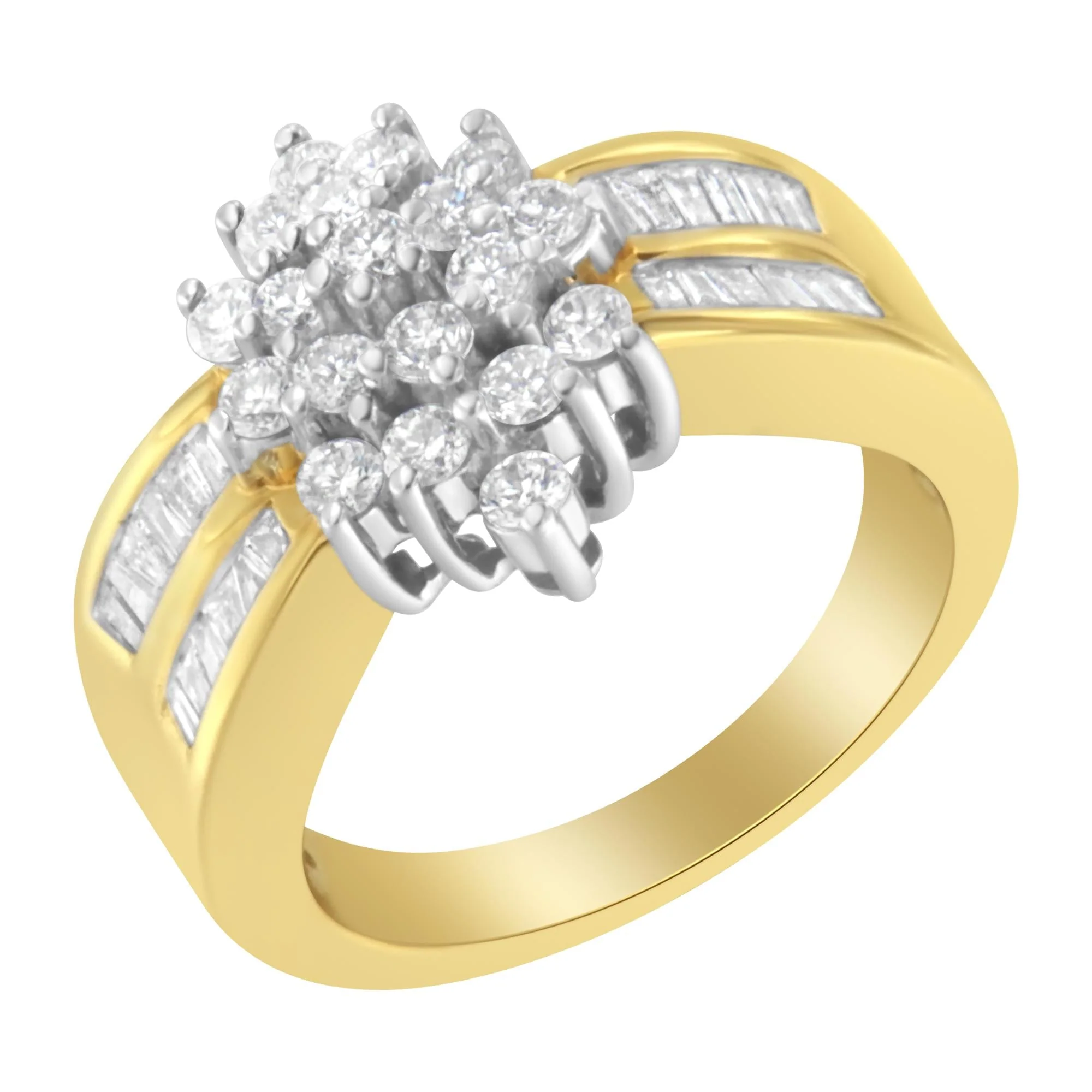 10K Yellow Gold 1.0 Cttw Round & Baguette Cut Diamond Floral Cluster Double-Channel Flared Band Statement Ring (H-I Color, SI2-I1 Clarity) by Haus of Brilliance - Image 4