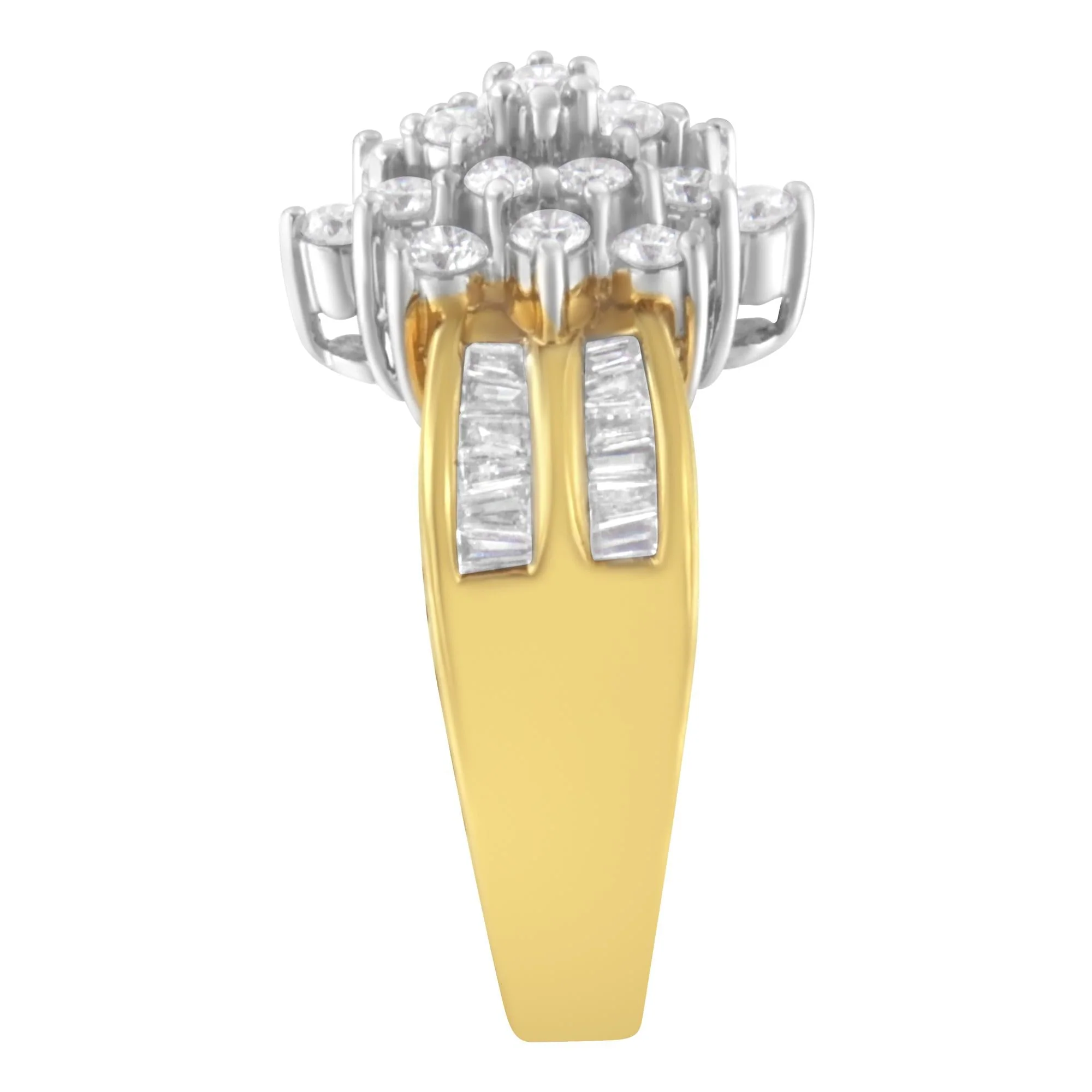 10K Yellow Gold 1.0 Cttw Round & Baguette Cut Diamond Floral Cluster Double-Channel Flared Band Statement Ring (H-I Color, SI2-I1 Clarity) by Haus of Brilliance - Image 5