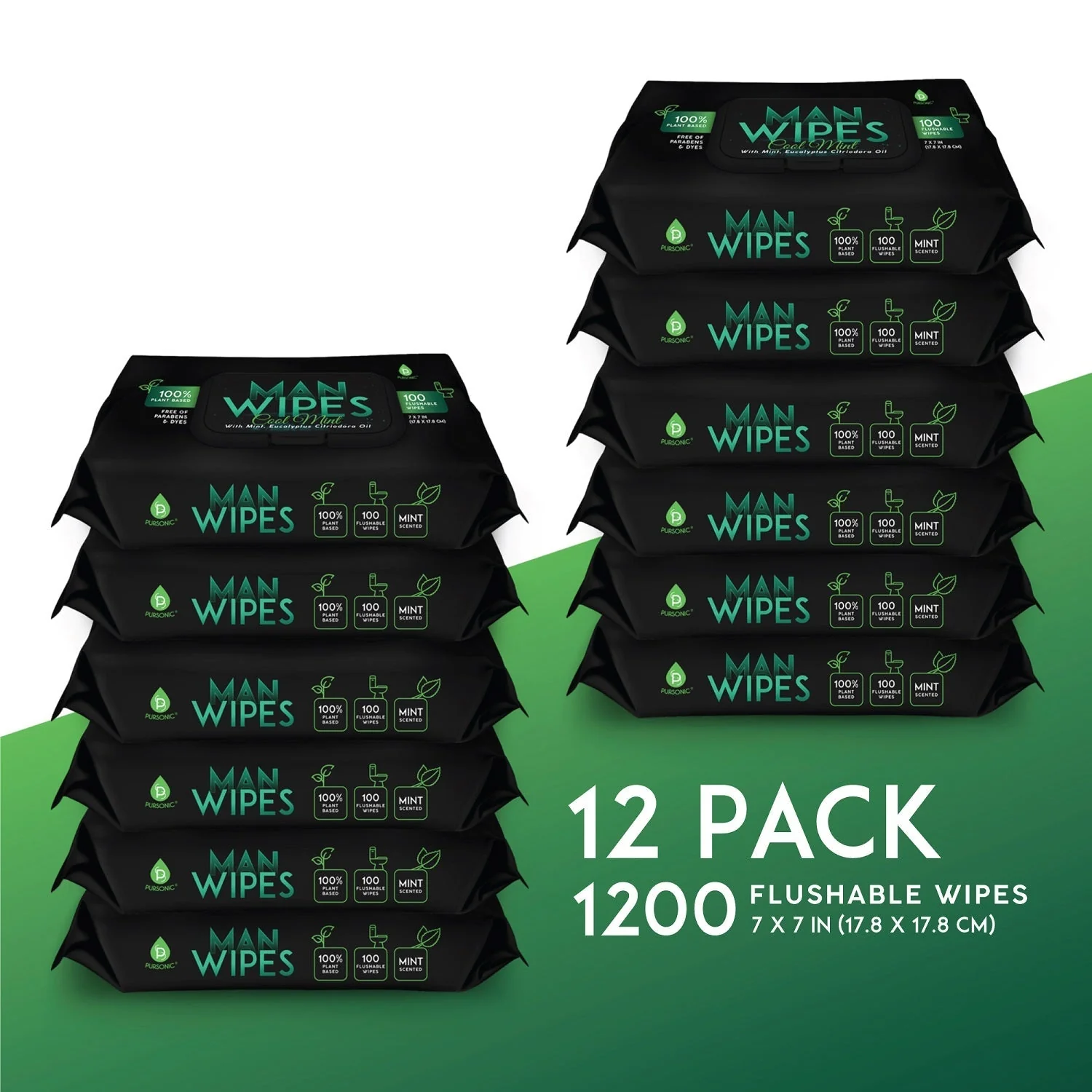 12 Pack of Flushable Man Wipes (1200 Mint Scented Wipes) by Pursonic - Image 2