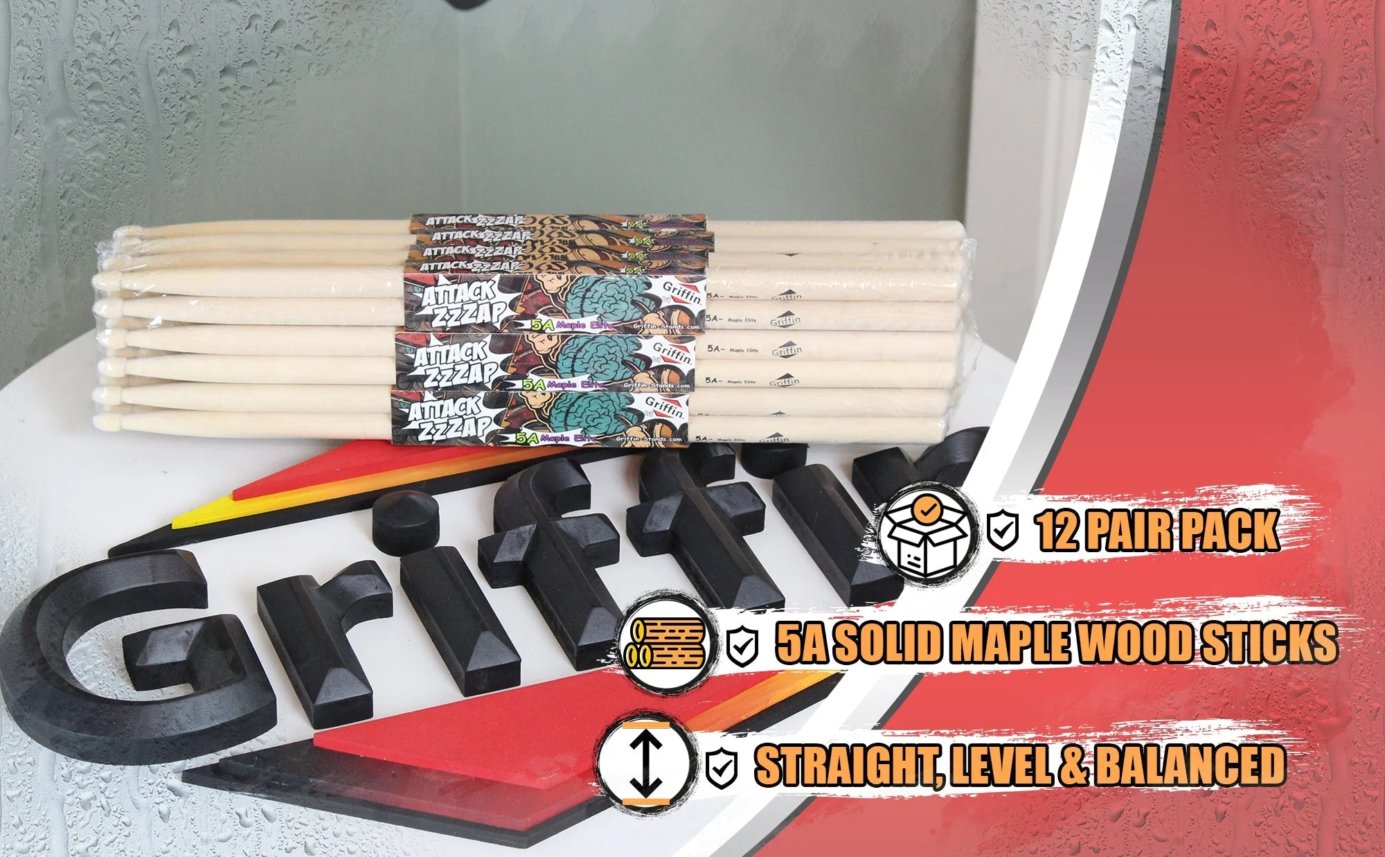 12 Pairs of Select Elite Maple Wood Drum Sticks by GRIFFIN Attack Zzzap - Size 5A Premium Balanced, Level and Straight - Drummers Percussion Classic by GeekStands.com - Image 7