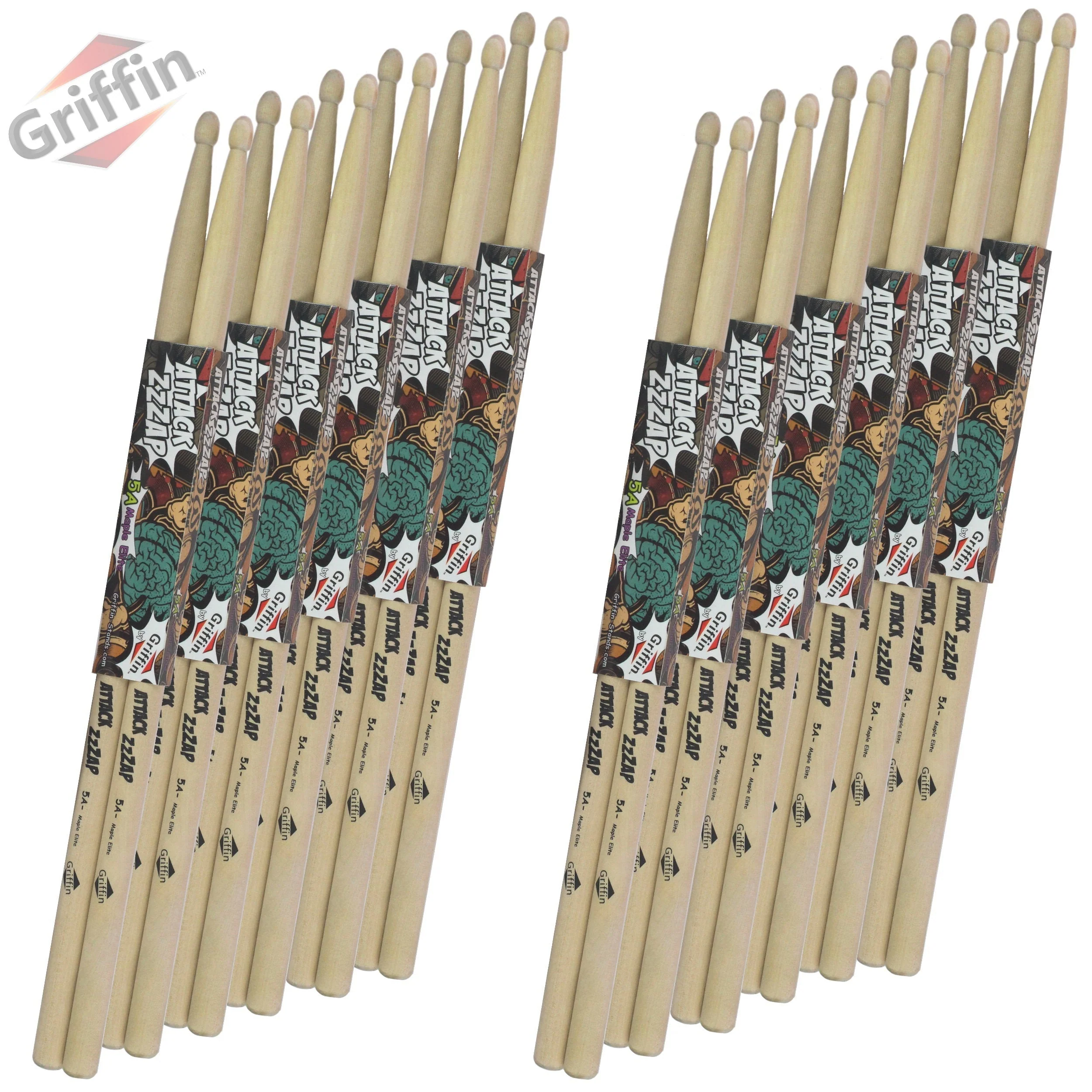 12 Pairs of Select Elite Maple Wood Drum Sticks by GRIFFIN Attack Zzzap - Size 5A Premium Balanced, Level and Straight - Drummers Percussion Classic Pure Grit Uncoated, Raw Wood Drumming Sticks by GeekStands.com - Image 2