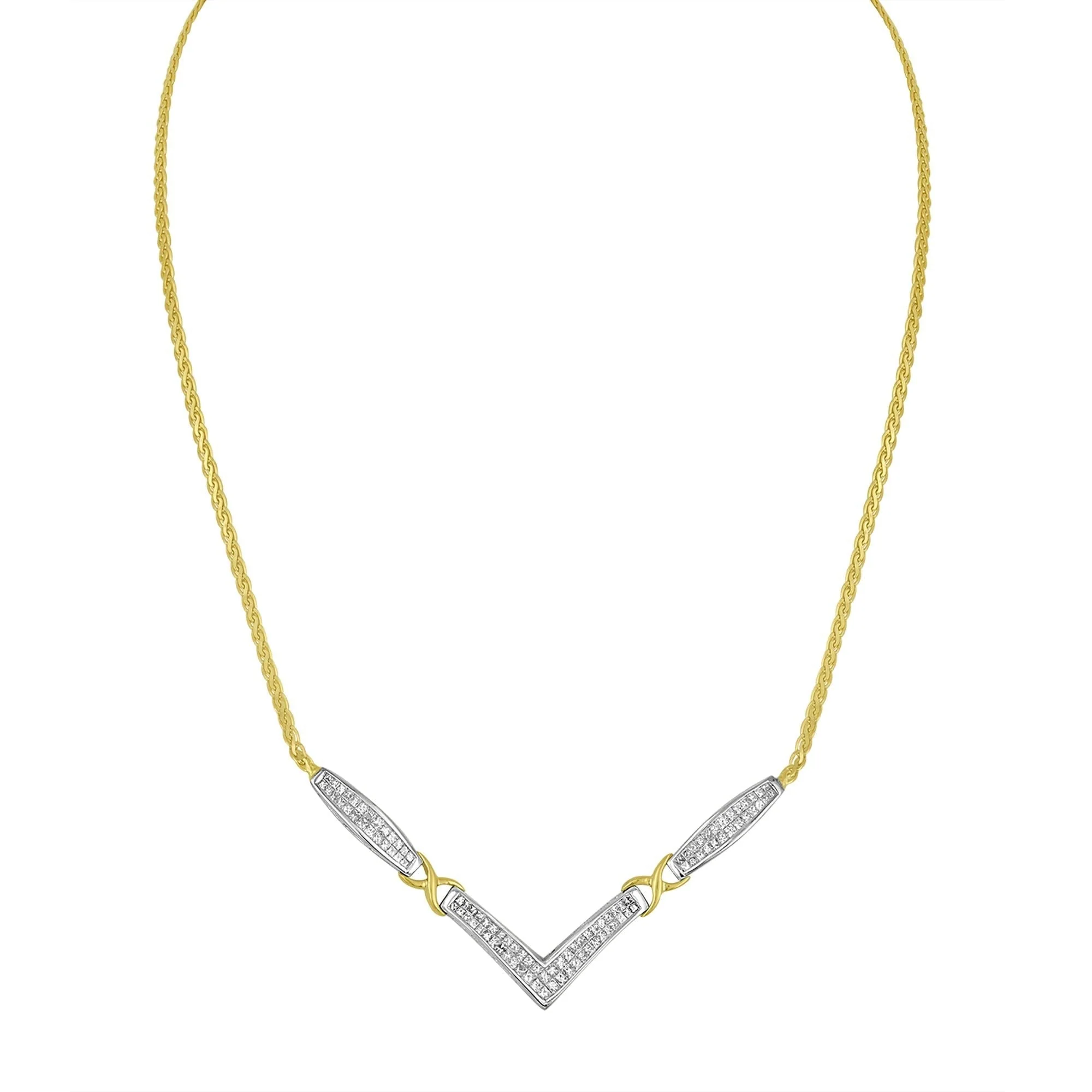 14K Yellow and White Gold 2.0 Cttw Princess Cut Diamond Flared and X-Station V Shaped 18” Franco Chain Statement Necklace (H-I Color, SI2-I1 Clarity) by Haus of Brilliance - Image 3