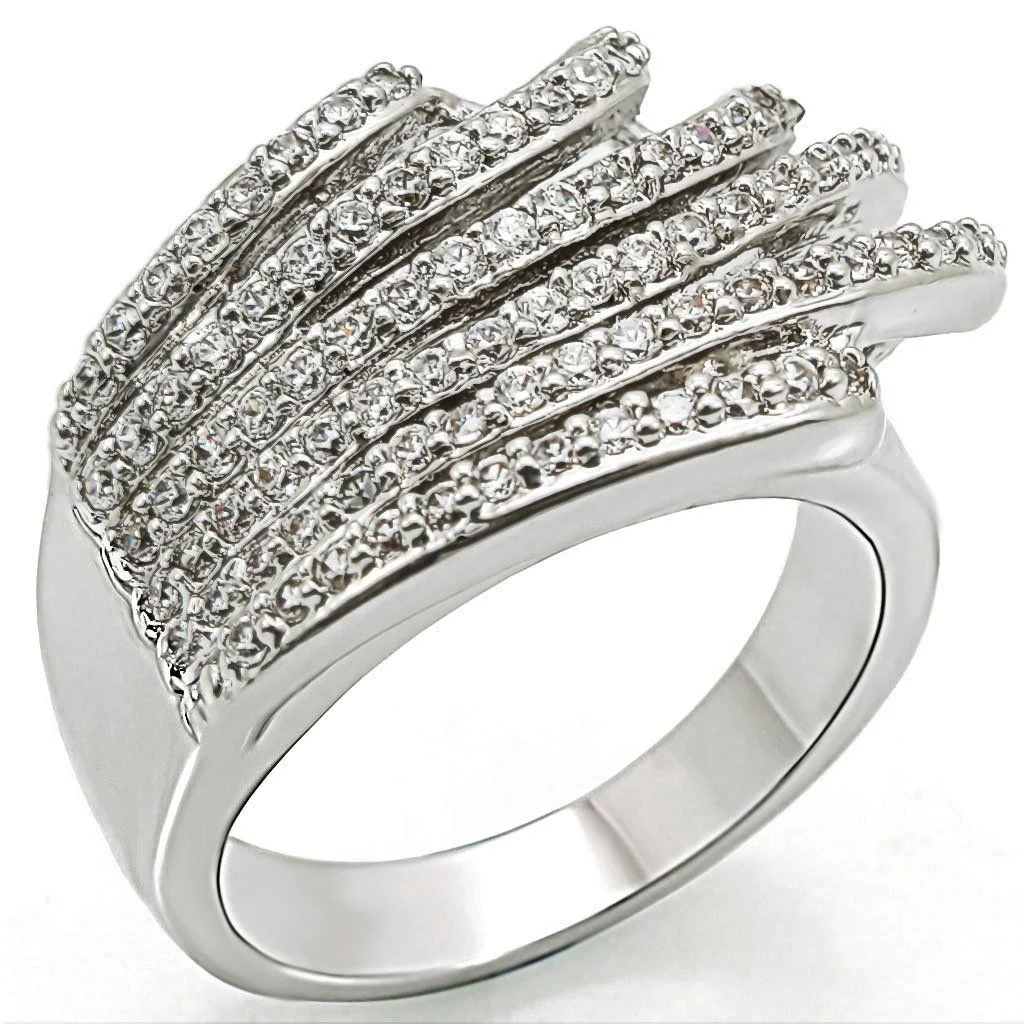 1W018 - Rhodium Brass Ring with AAA Grade CZ in Clear - Image 3