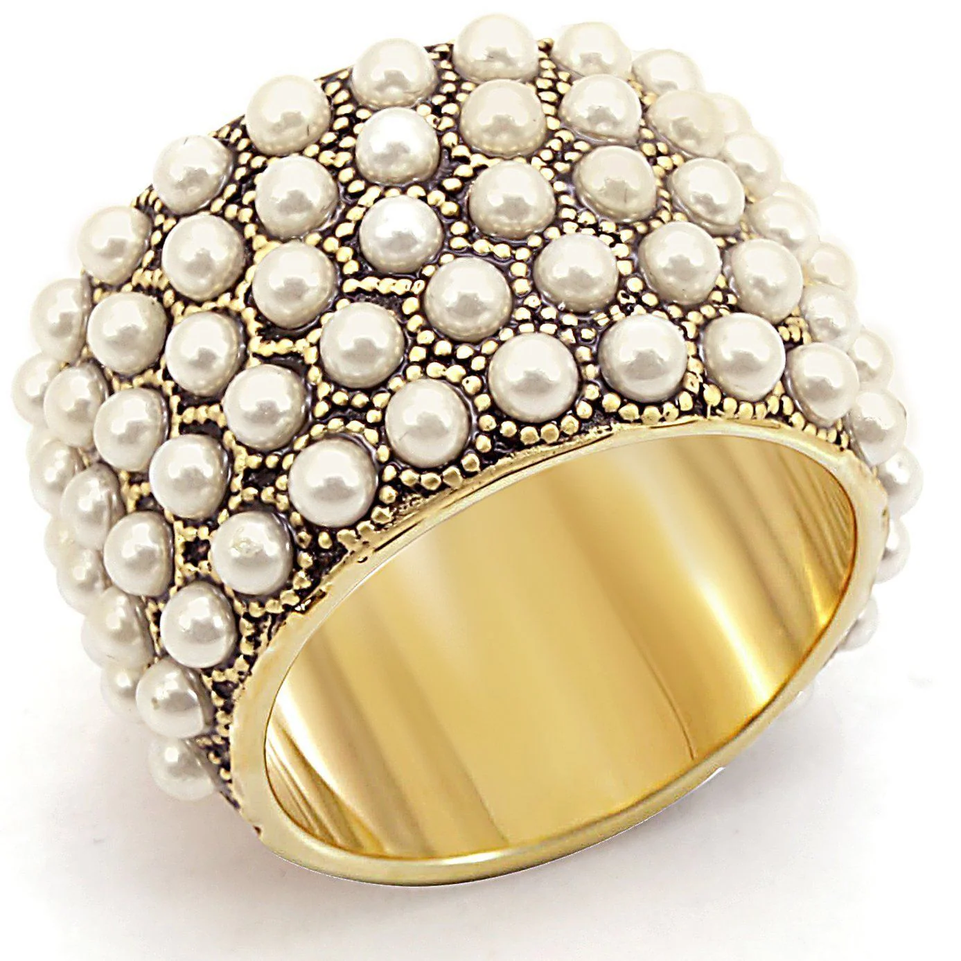 1W057 - Gold Brass Ring with Synthetic Pearl in Citrine Yellow - Image 2