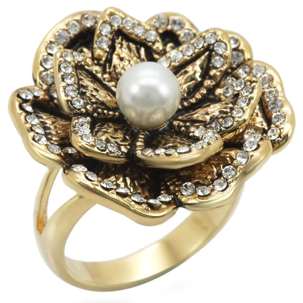 1W063 - Gold Brass Ring with Synthetic Pearl in Citrine Yellow - Image 3