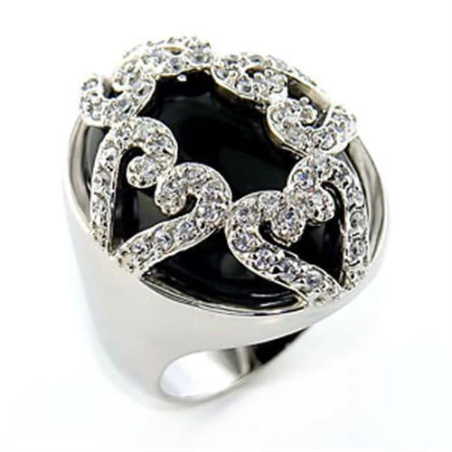 80514 - Rhodium Brass Ring with Semi-Precious Onyx in Jet - Image 4