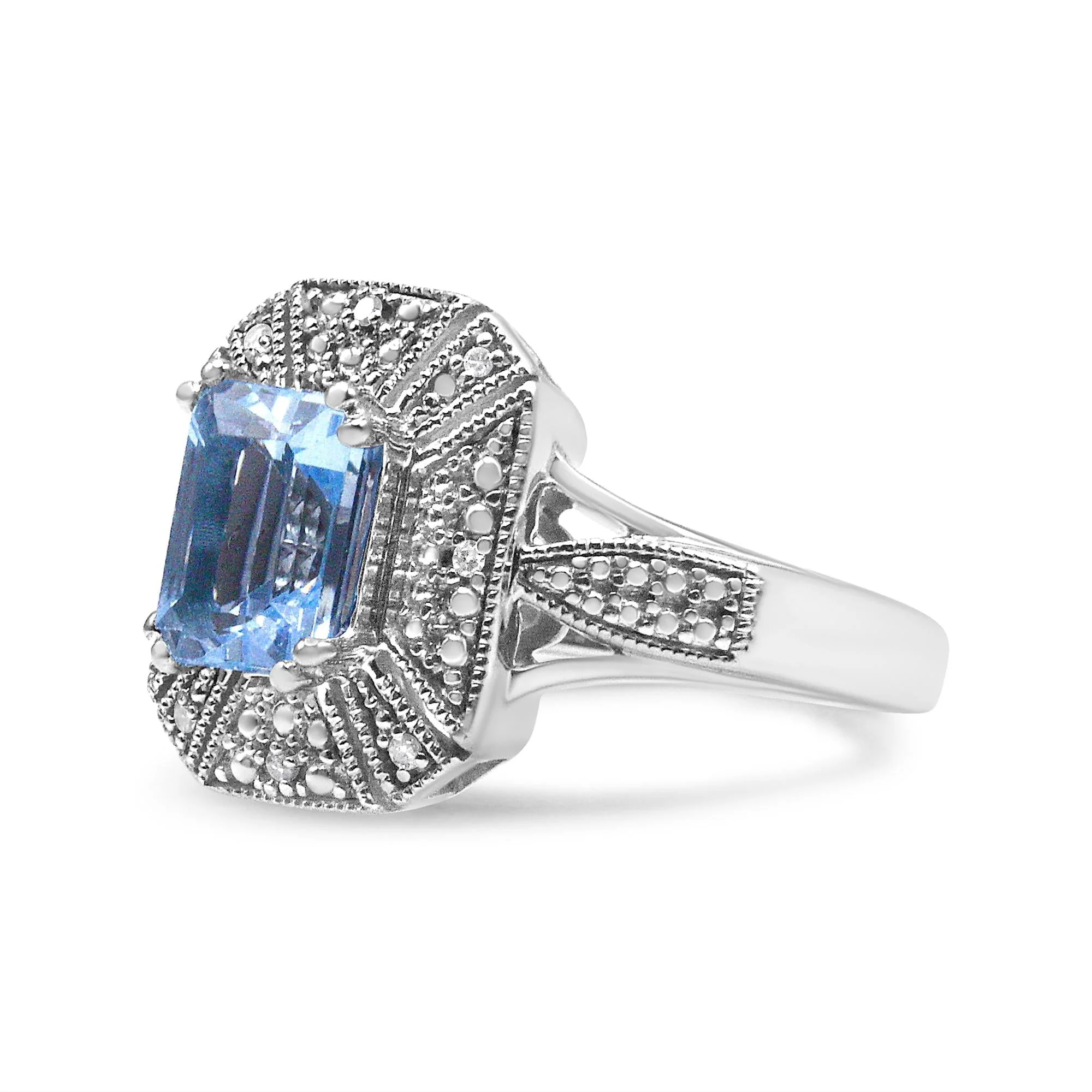 .925 Sterling Silver Diamond Accent and 8X6 mm Emerald-Shape Blue Topaz Ring (I-J Color, I2-I3 Clarity) by Infinite Jewels - Image 2
