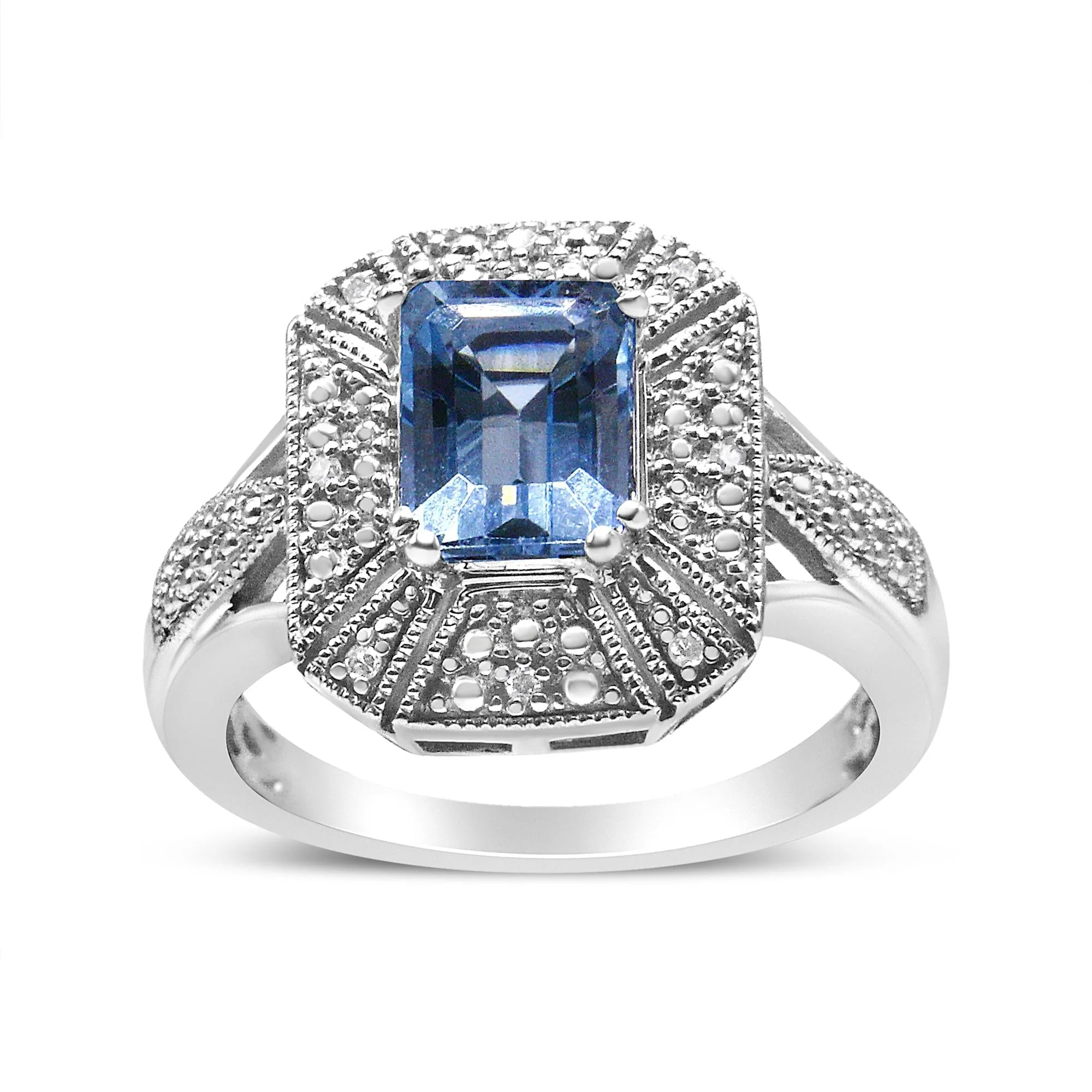 .925 Sterling Silver Diamond Accent and 8X6 mm Emerald-Shape Blue Topaz Ring (I-J Color, I2-I3 Clarity) by Infinite Jewels - Image 3