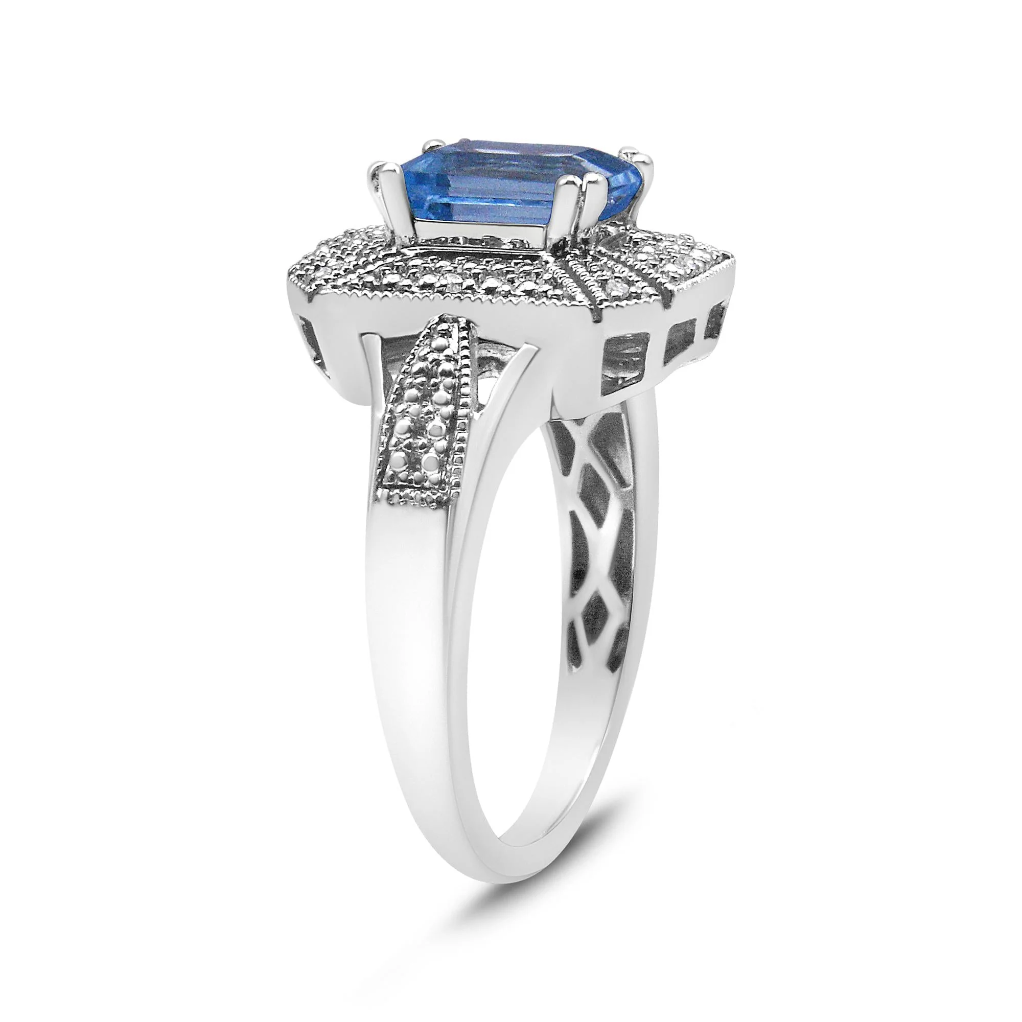 .925 Sterling Silver Diamond Accent and 8X6 mm Emerald-Shape Blue Topaz Ring (I-J Color, I2-I3 Clarity) by Infinite Jewels - Image 4