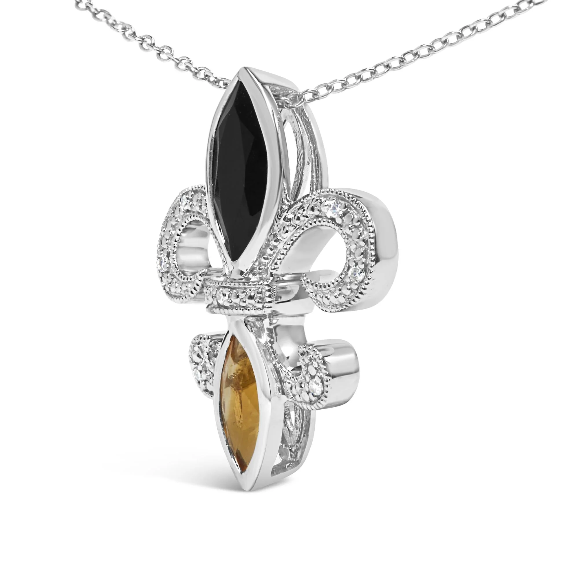 .925 Sterling Silver Marquise Onyx and Citrine and Diamond Accent Fleur De Lis Pendant Necklace (H-I Color, SI1-SI2 Clarity) - 18" by Haus of Brilliance - Image 3