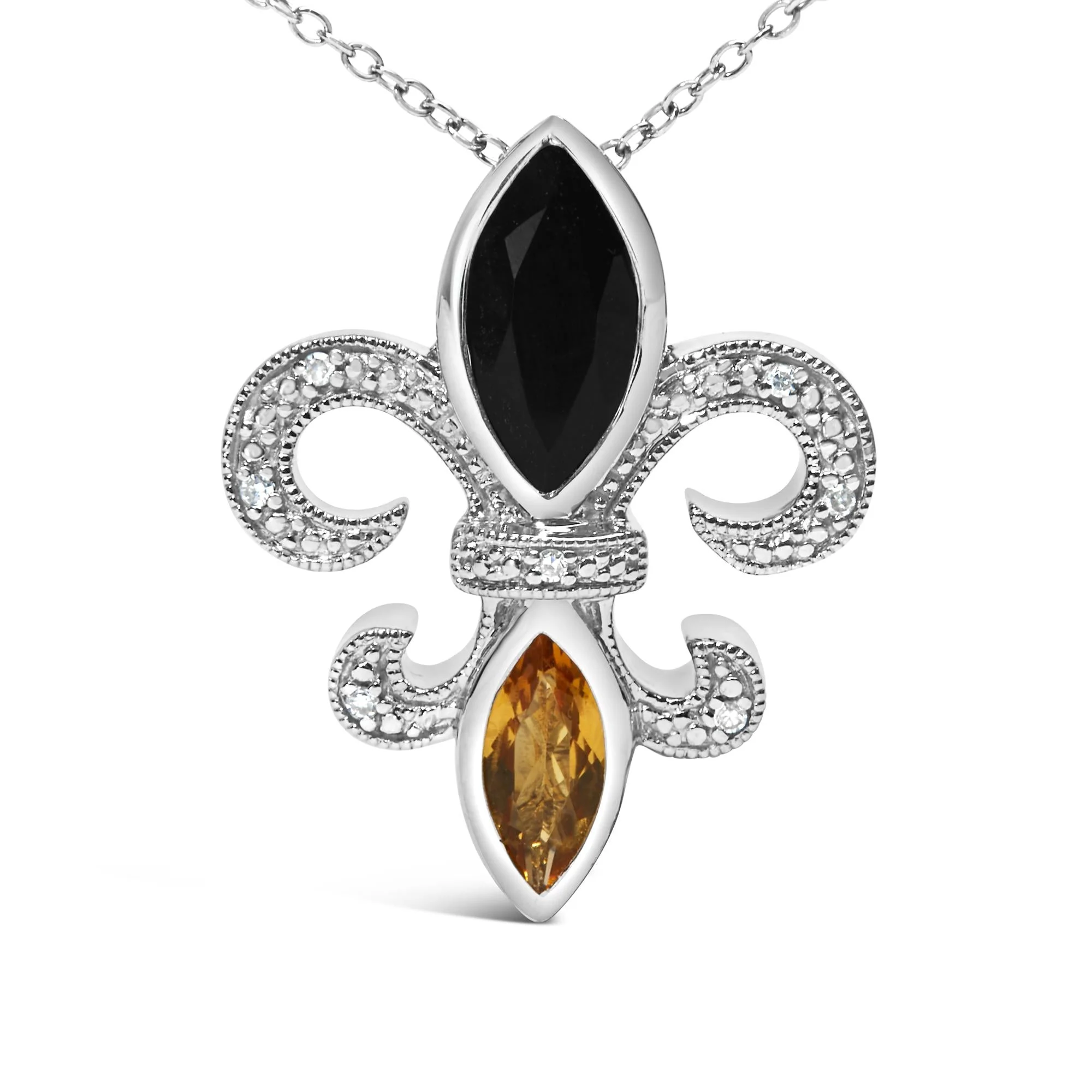 .925 Sterling Silver Marquise Onyx and Citrine and Diamond Accent Fleur De Lis Pendant Necklace (H-I Color, SI1-SI2 Clarity) - 18" by Infinite Jewels - Image 2