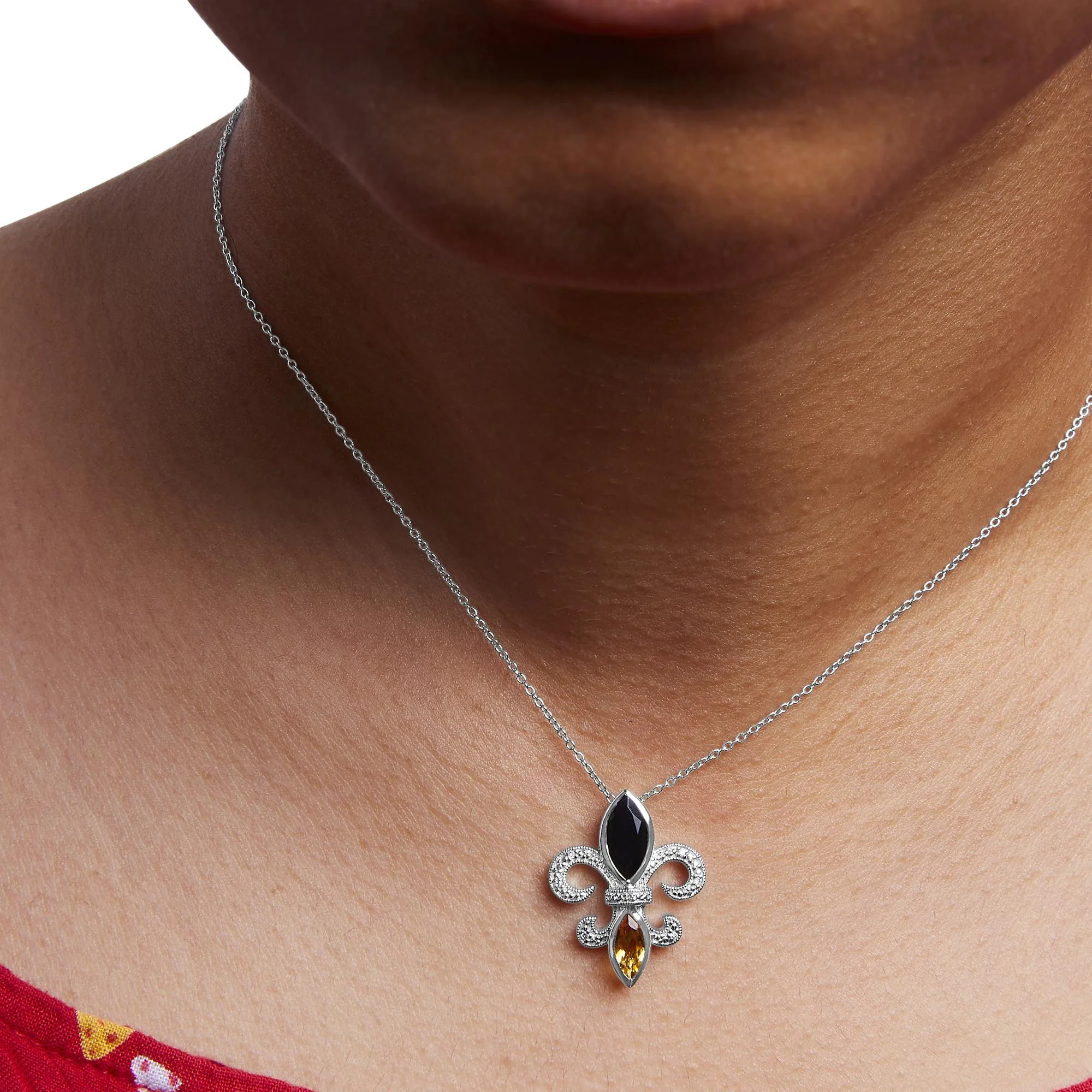 .925 Sterling Silver Marquise Onyx and Citrine and Diamond Accent Fleur De Lis Pendant Necklace (H-I Color, SI1-SI2 Clarity) - 18" by Infinite Jewels - Image 4