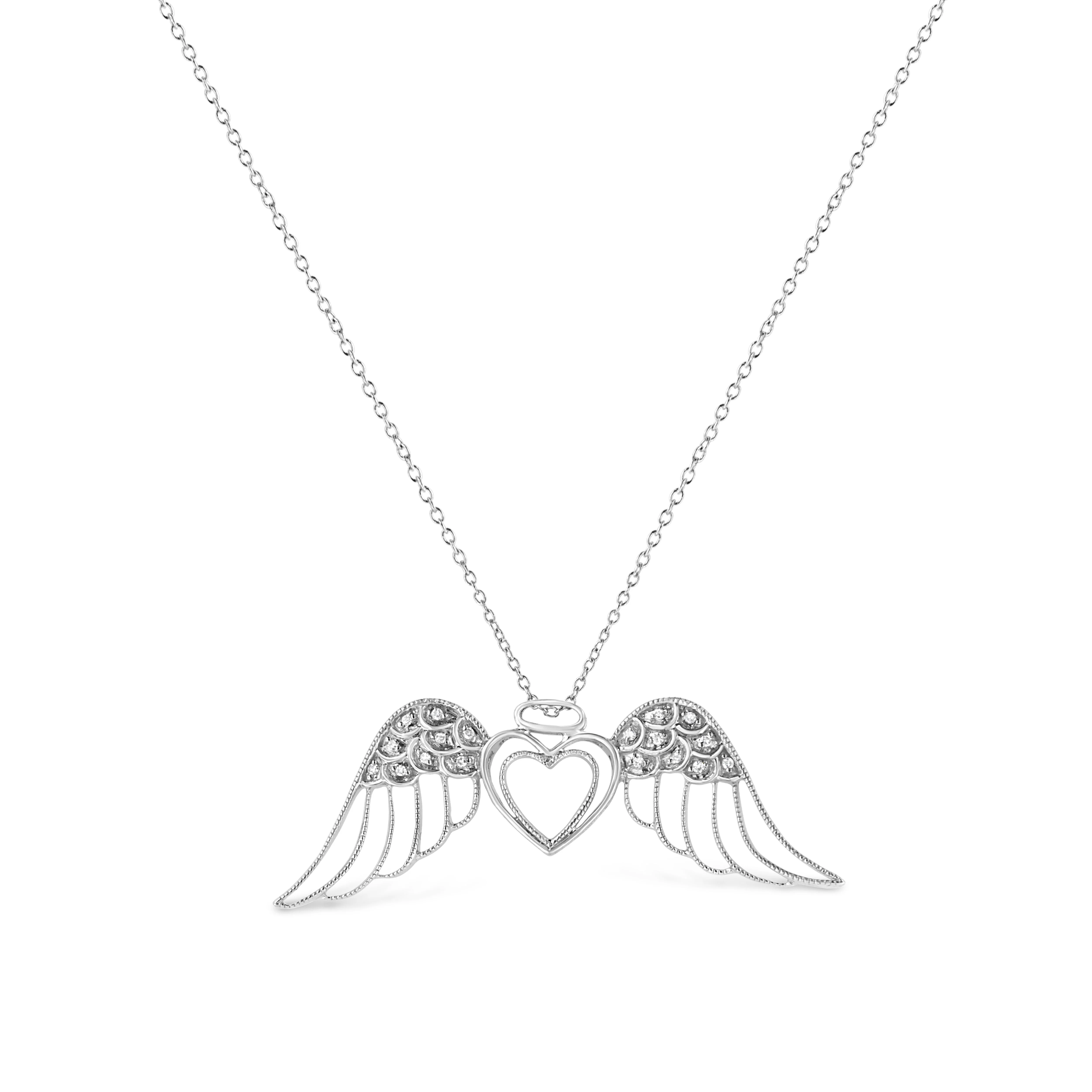 .925 Sterling Silver Pave-Set Diamond Accent Angel Wing 18" Double Heart Pendant Necklace (I-J Color, I1-I2 Clarity) by Haus of Brilliance - Image 2
