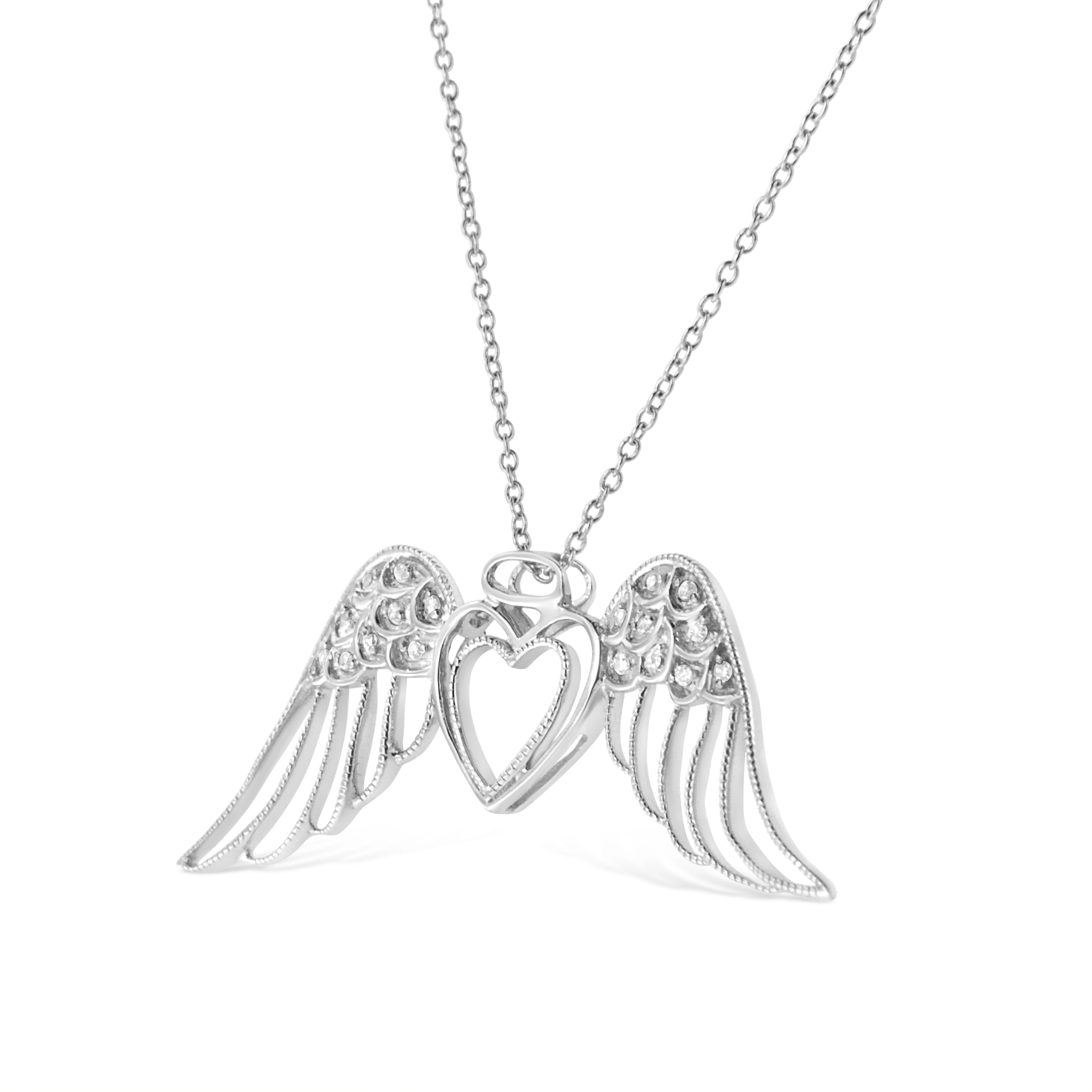 .925 Sterling Silver Pave-Set Diamond Accent Angel Wing 18" Double Heart Pendant Necklace (I-J Color, I1-I2 Clarity) by Haus of Brilliance - Image 3