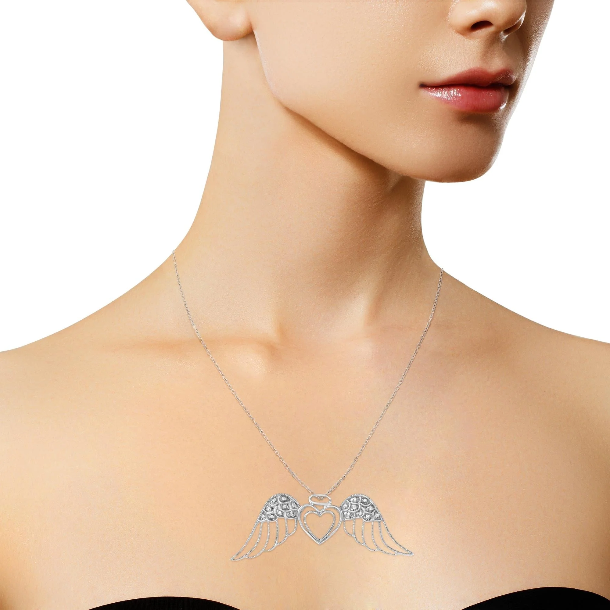 .925 Sterling Silver Pave-Set Diamond Accent Angel Wing 18" Double Heart Pendant Necklace (I-J Color, I1-I2 Clarity) by Haus of Brilliance - Image 5