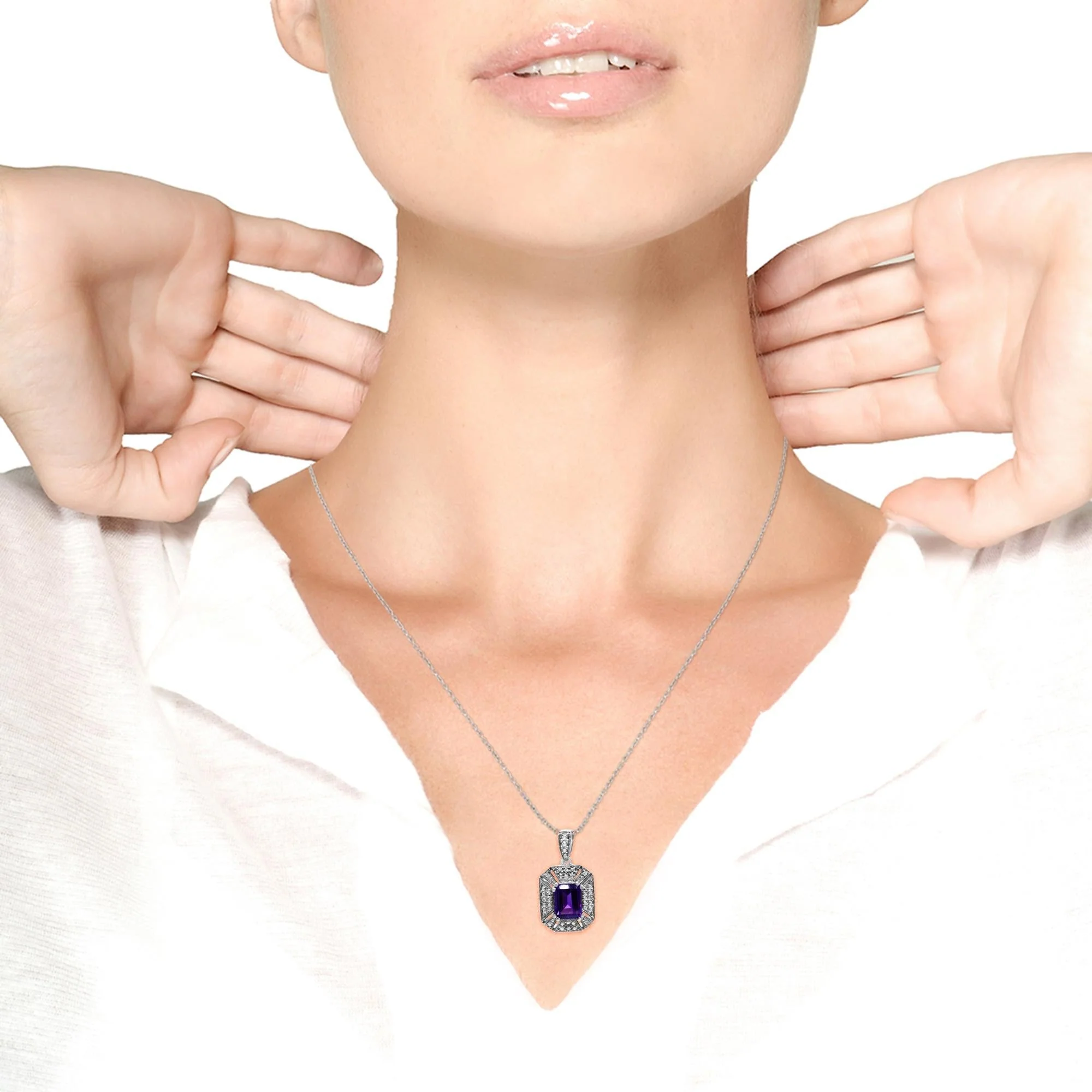 .925 Sterling Silver Purple Amethyst and Diamond Accent Art Deco Style 18" Pendant Necklace (I-J Color, I1-I2 Clarity) by Haus of Brilliance - Image 4