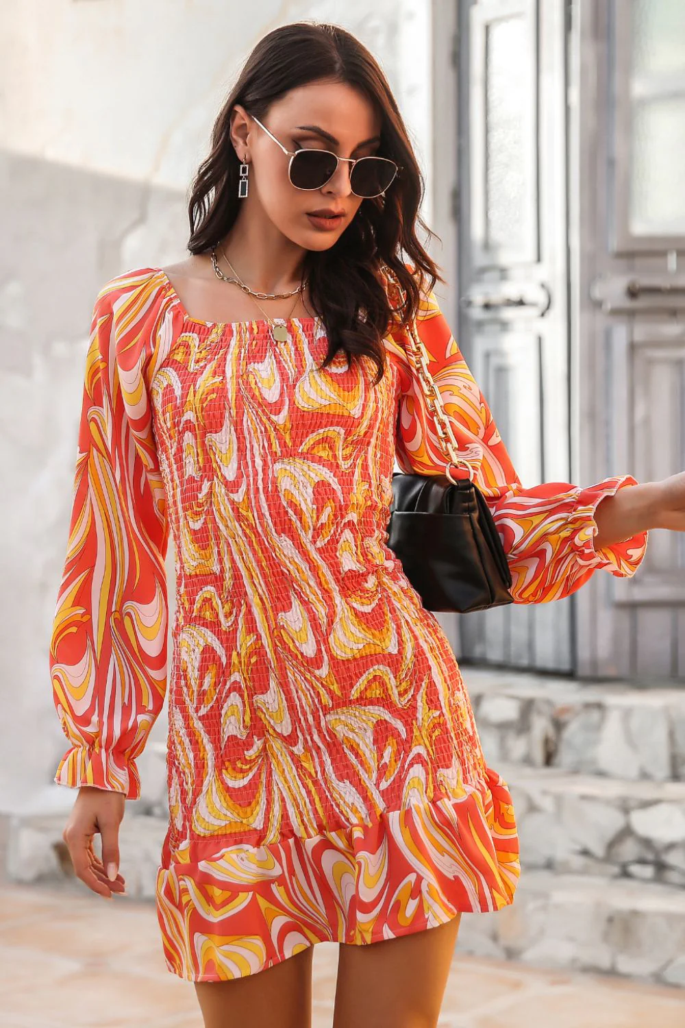 Abstract Print Square Neck Smocked Dress - Image 10