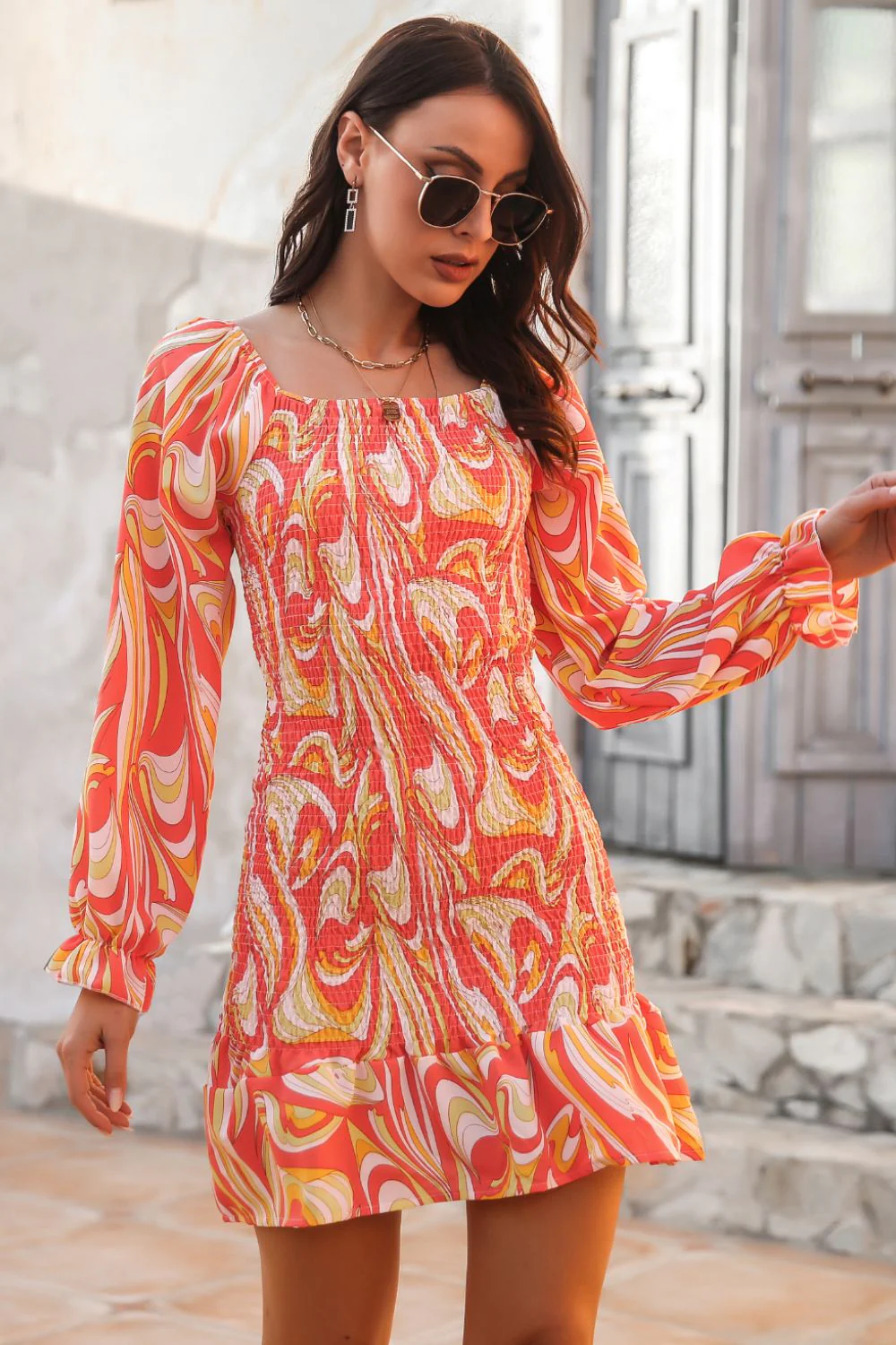 Abstract Print Square Neck Smocked Dress - Image 11
