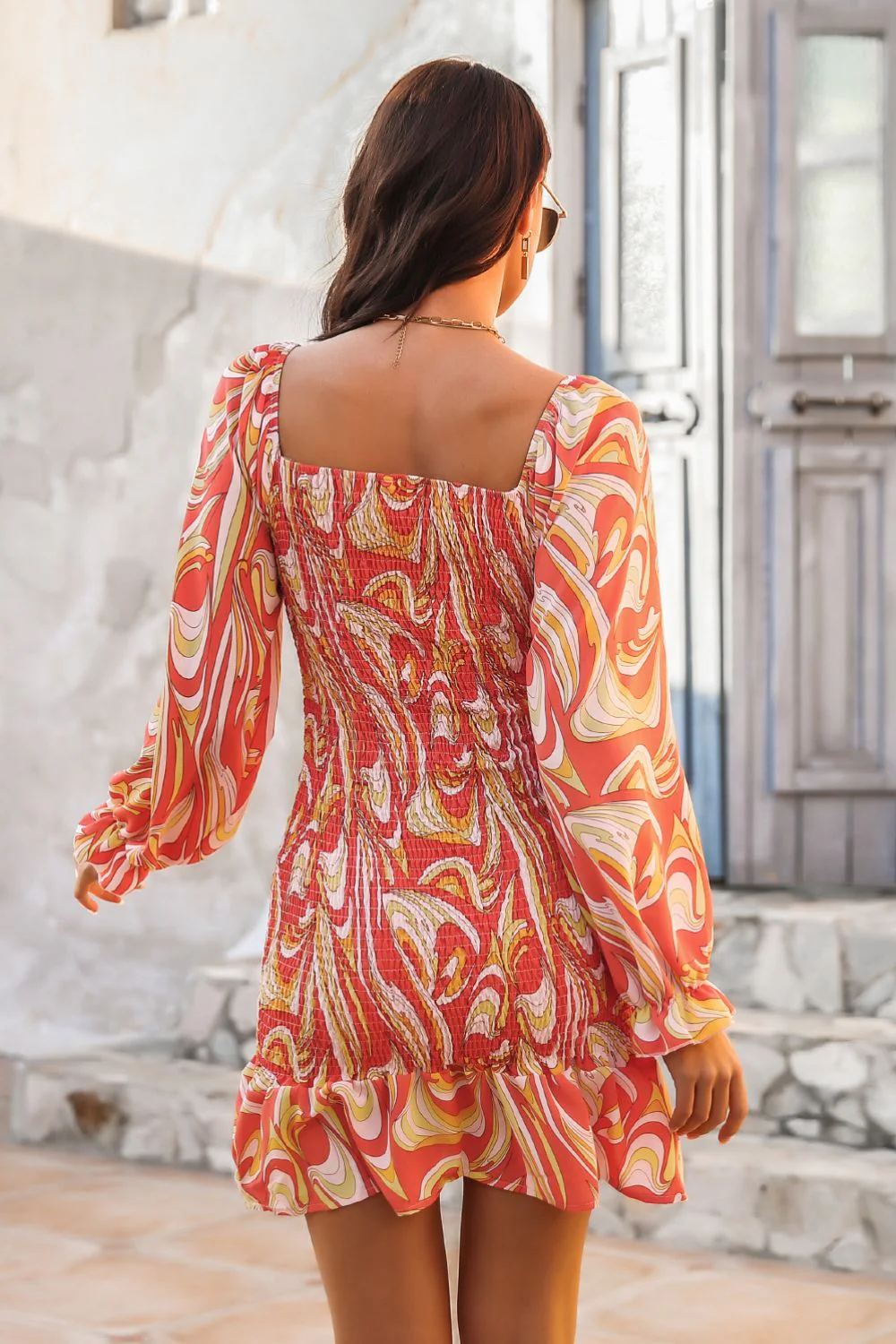 Abstract Print Square Neck Smocked Dress - Image 12