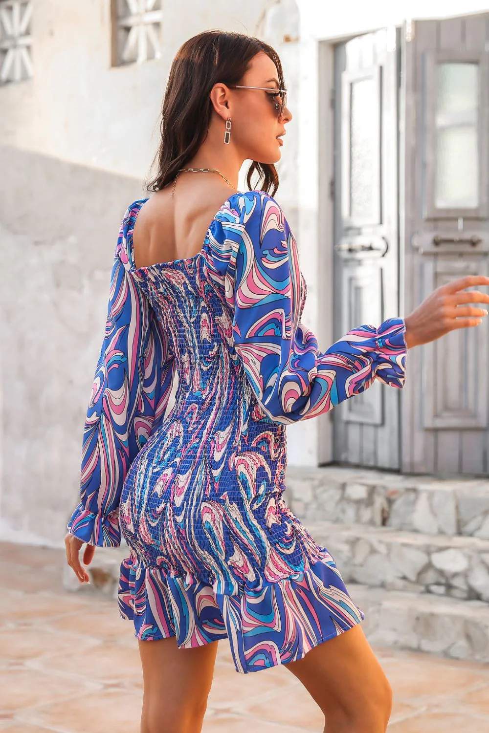 Abstract Print Square Neck Smocked Dress - Image 2