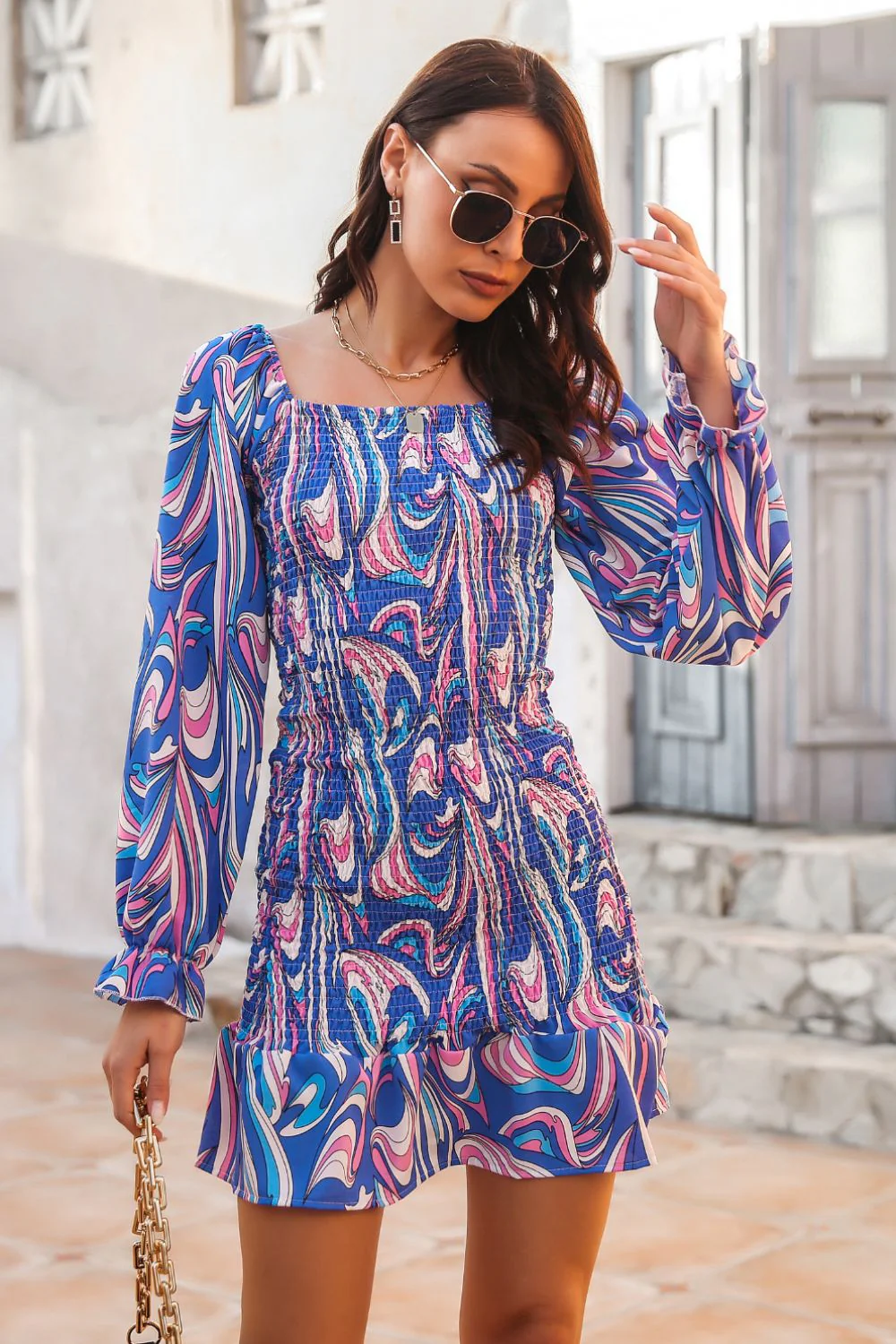 Abstract Print Square Neck Smocked Dress - Image 3
