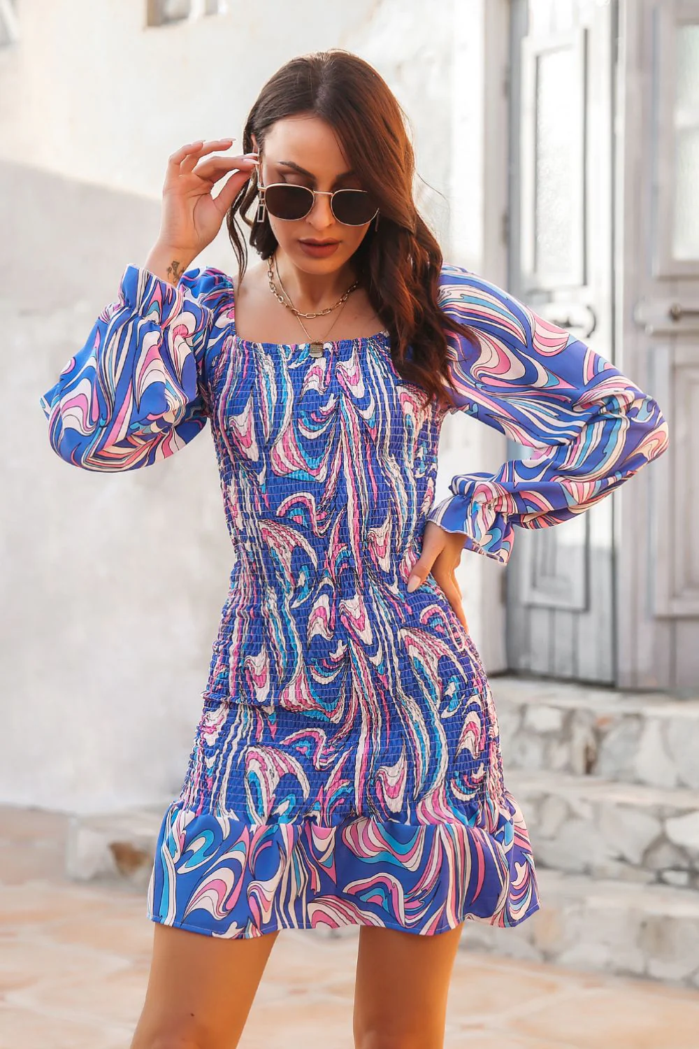 Abstract Print Square Neck Smocked Dress - Image 4