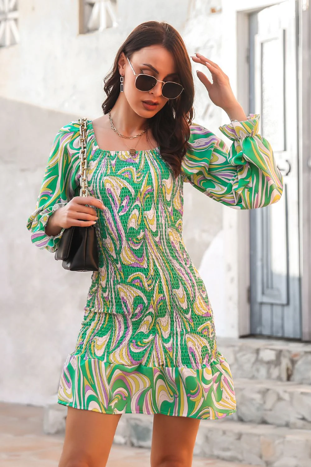 Abstract Print Square Neck Smocked Dress - Image 5