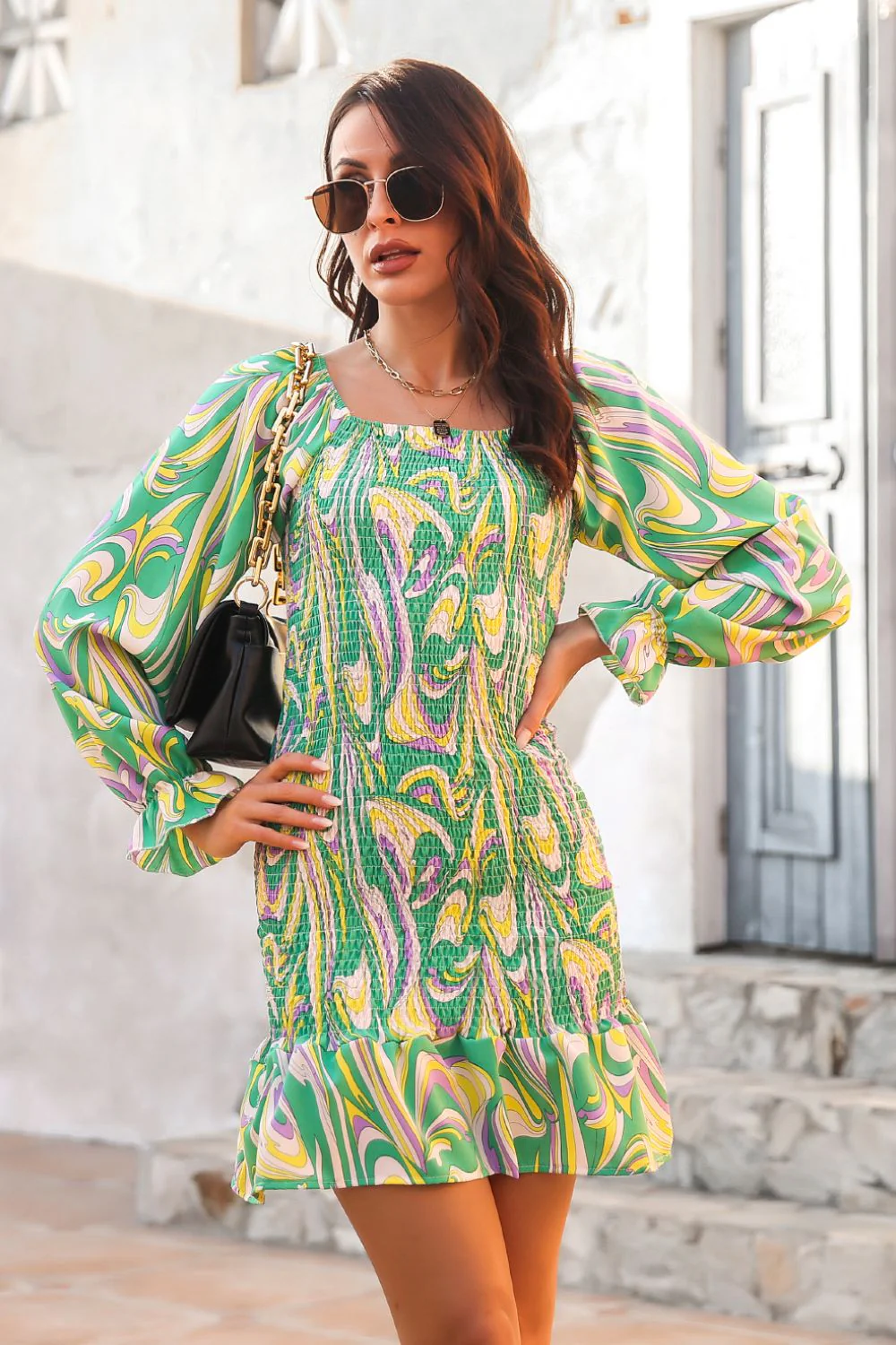 Abstract Print Square Neck Smocked Dress - Image 6