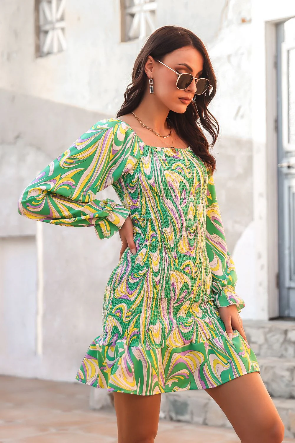 Abstract Print Square Neck Smocked Dress - Image 7