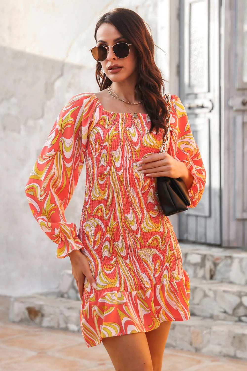 Abstract Print Square Neck Smocked Dress - Image 9