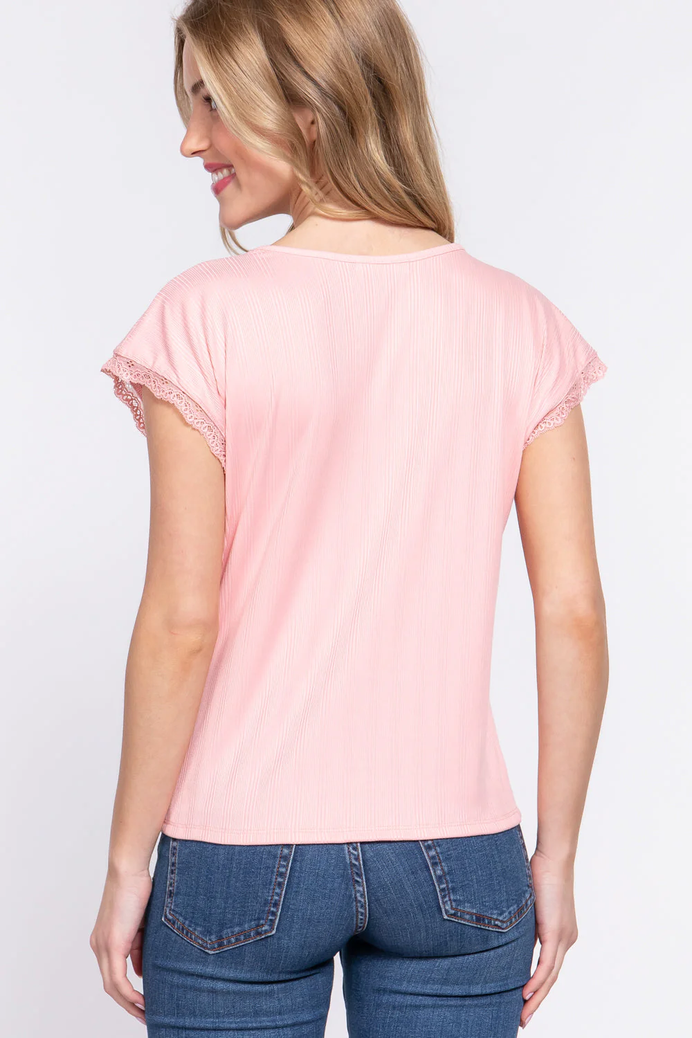 ACTIVE BASIC Lace Trim V-Neck Short Sleeve Ribbed Top - Image 2