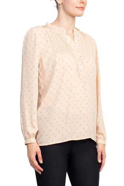 Adrianna Papell Crew Neck Long Sleeves Button Detail Woven Top by Curated Brands - Image 2