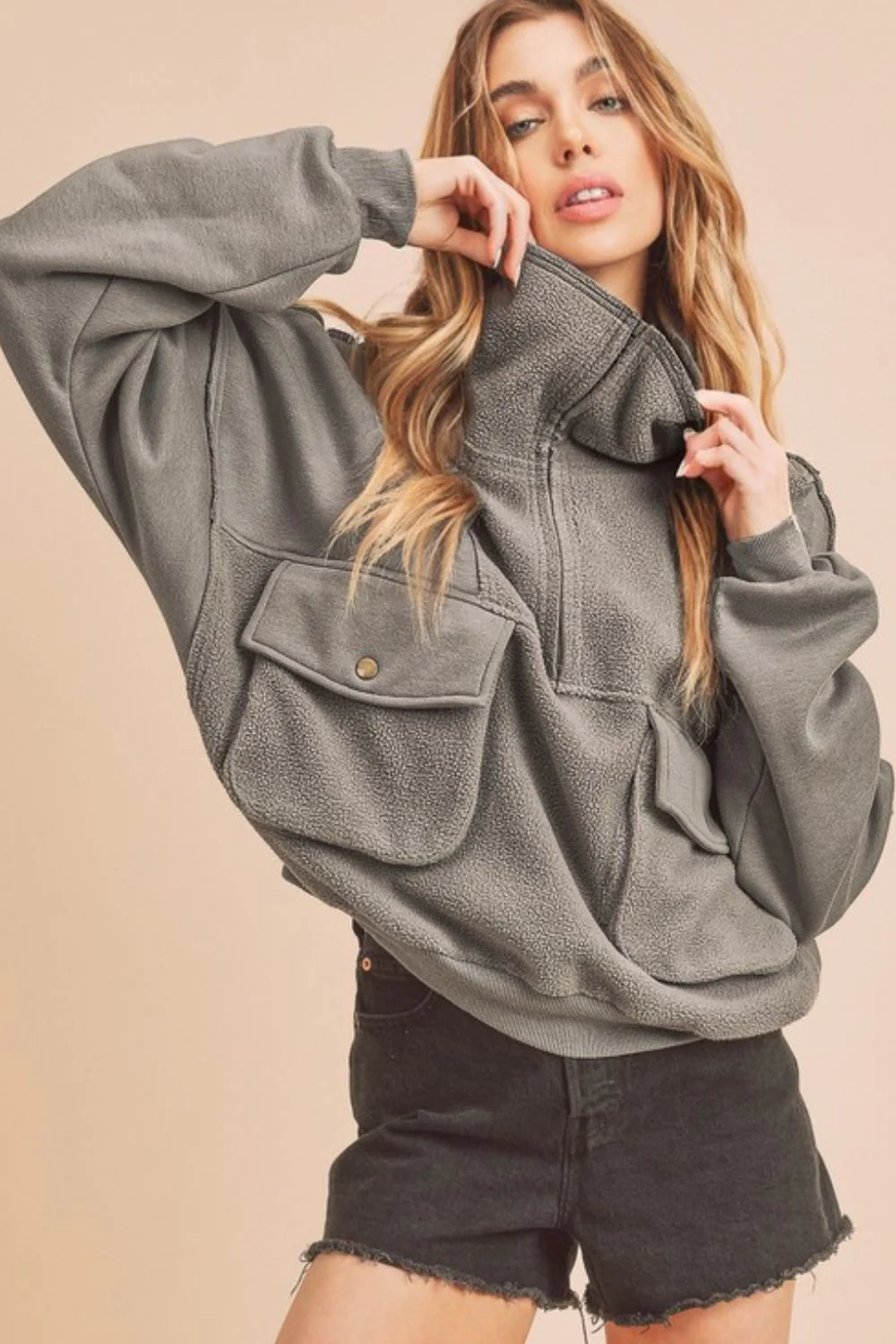 Aemi + Co Exposed Seam Half Zip Sweatshirt with Pockets - Image 2