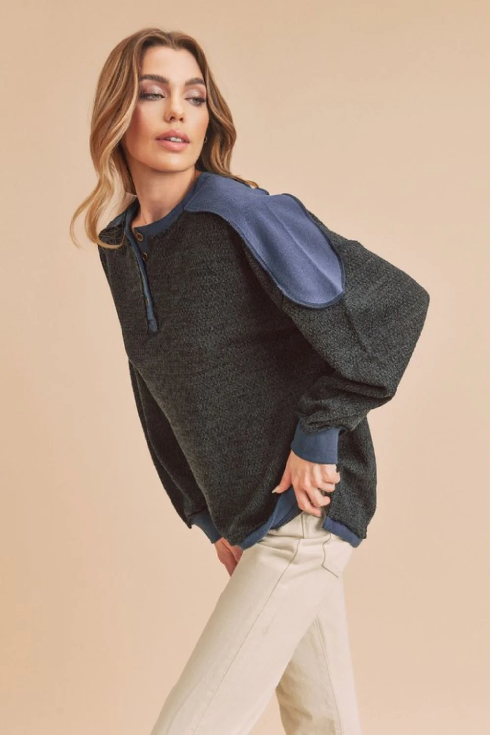 Aemi + Co Side Slit Button Detail Contrast Shoulder Sweatshirt - Image 2
