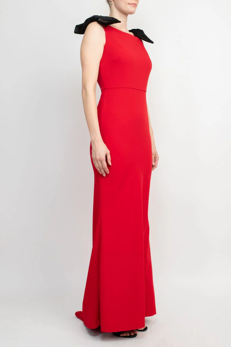 Alberto Makali Boat Neck Sleeveless Bow Shoulder Detail Zipper Back Solid Mermaid Gown by Curated Brands - Image 2