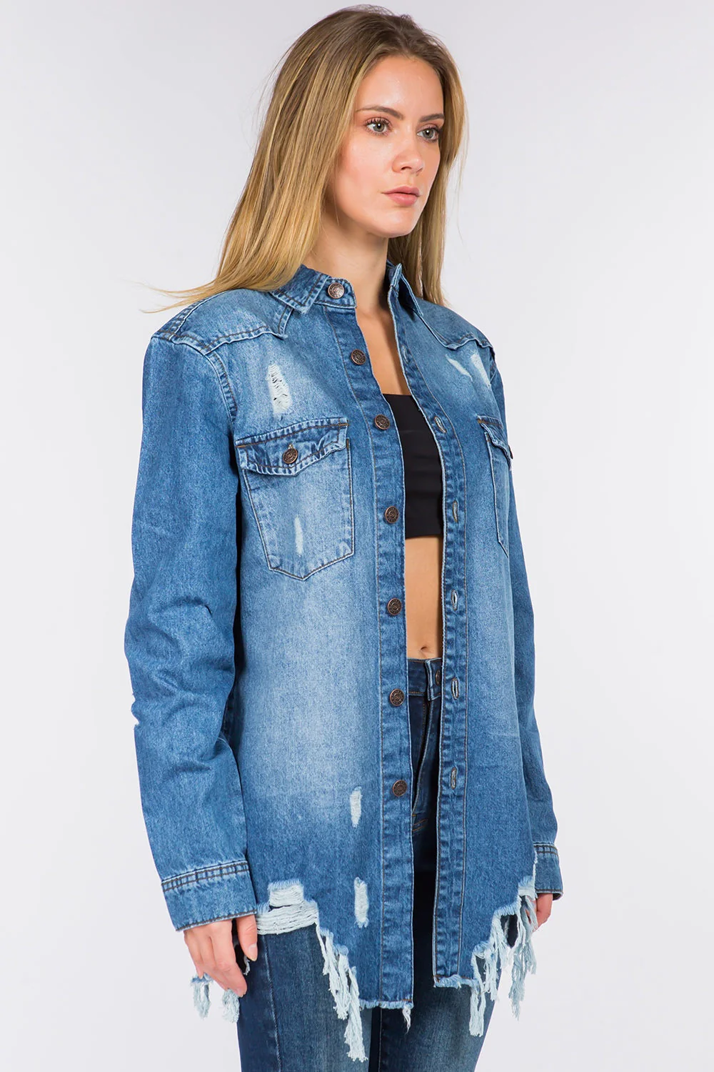 American Bazi Distressed Frayed Hem Denim Jacket - Image 3