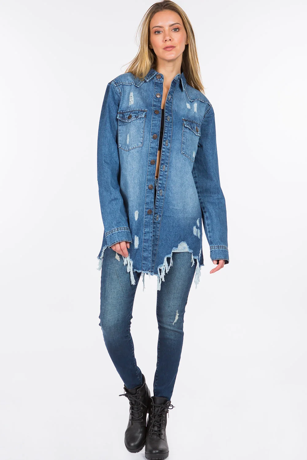 American Bazi Distressed Frayed Hem Denim Jacket - Image 4