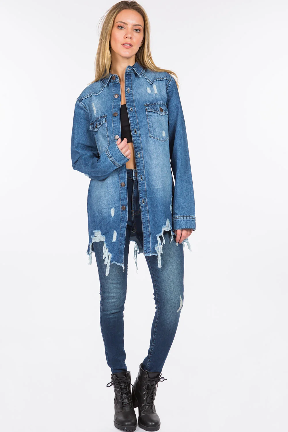 American Bazi Distressed Frayed Hem Denim Jacket - Image 5