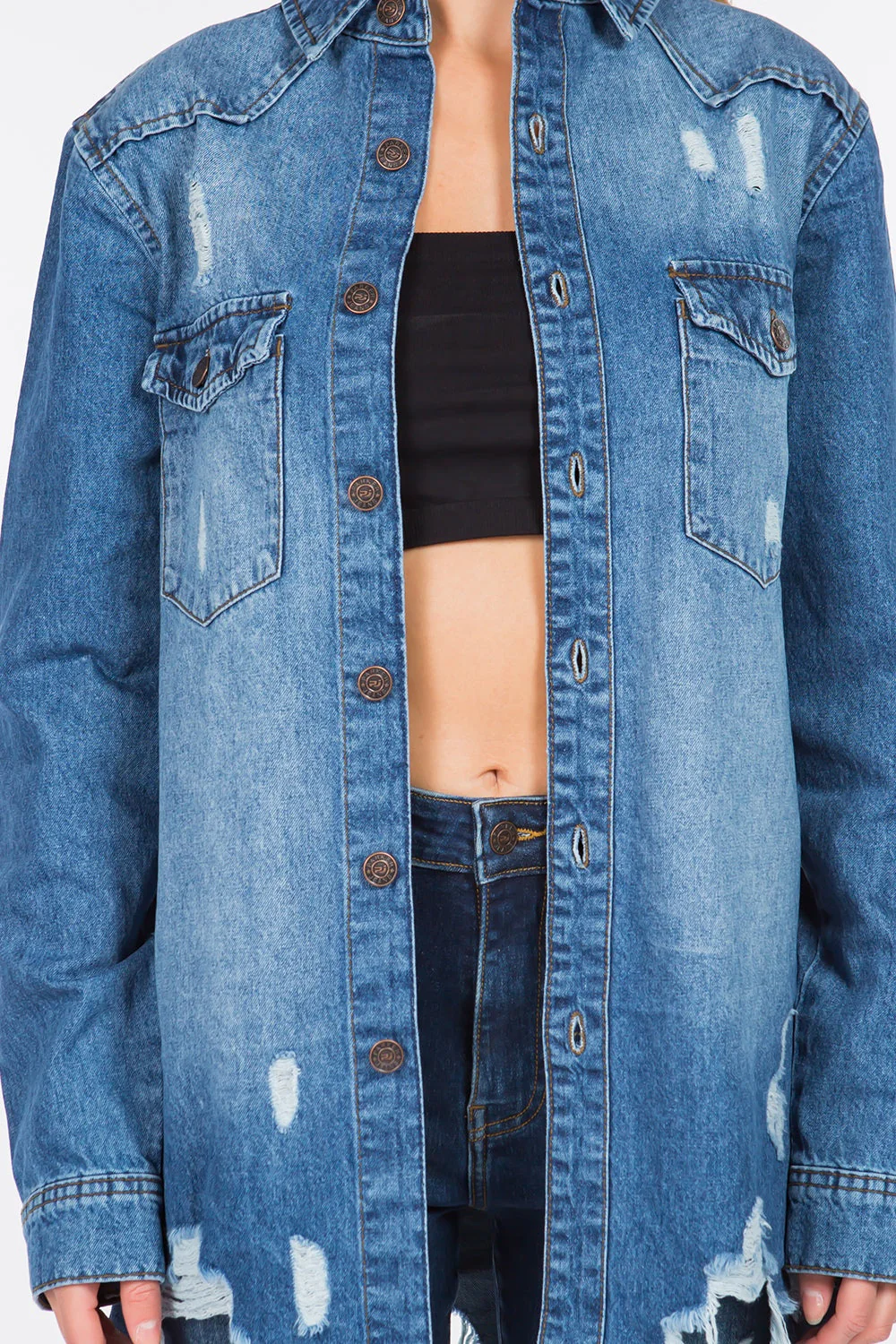 American Bazi Distressed Frayed Hem Denim Jacket - Image 6