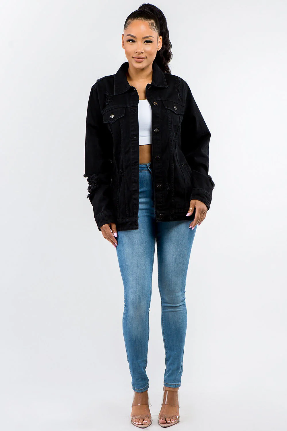 American Bazi Full Size Button Up Distressed Denim Jacket - Image 4