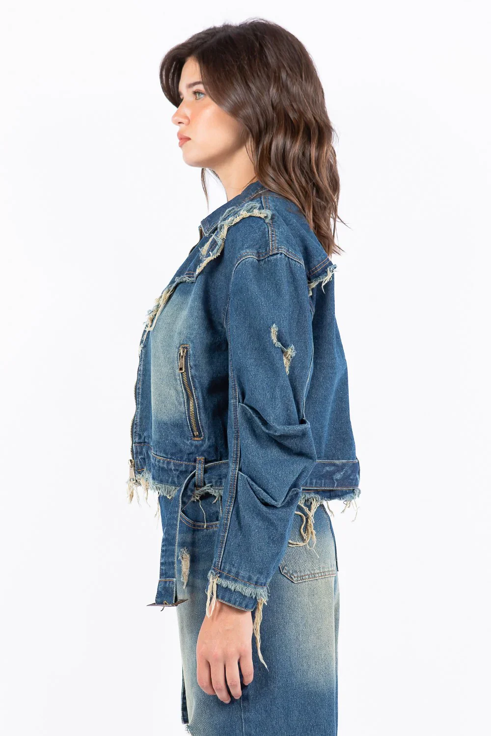 American Bazi Full Size Distressed Frayed Edge Zip Up Denim Jacket Plus Size - Image 2