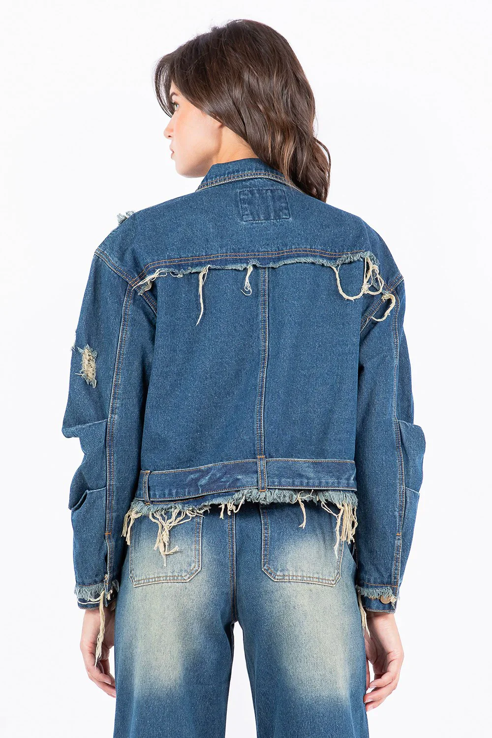 American Bazi Full Size Distressed Frayed Edge Zip Up Denim Jacket Plus Size - Image 3