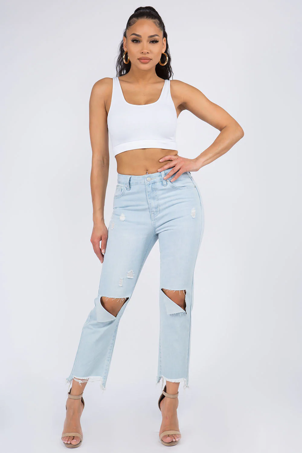 American Bazi High Waist Distressed Raw Hem Jeans - Image 4