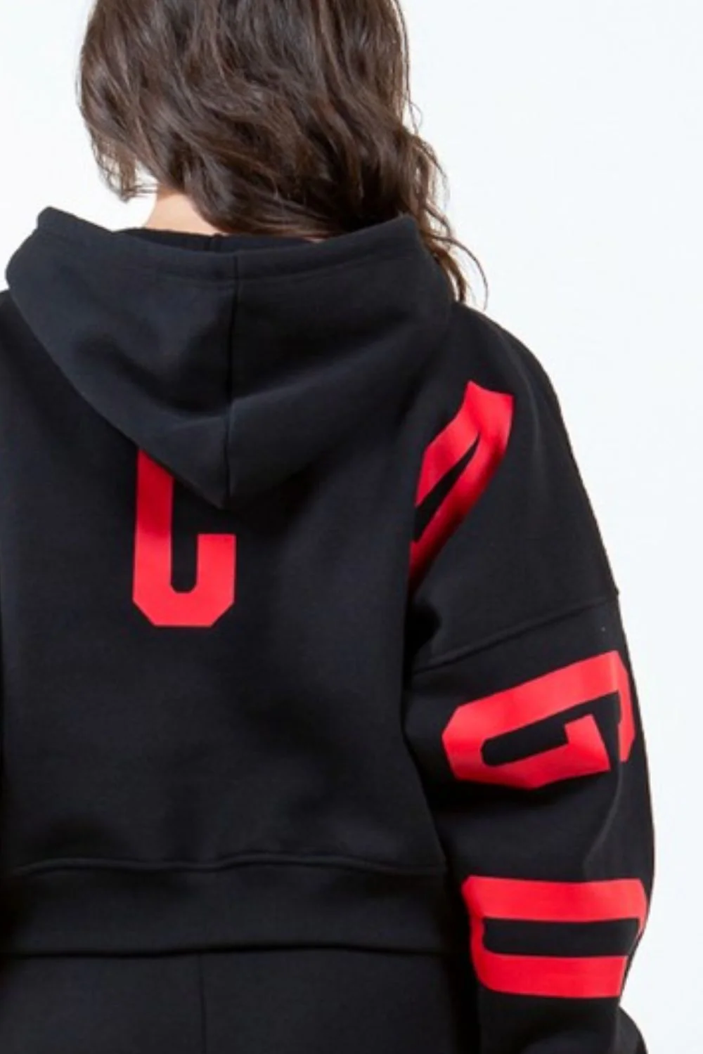 American Bazi Letter Graphic Long Sleeve Drawstring Cropped Hoodie - Image 3